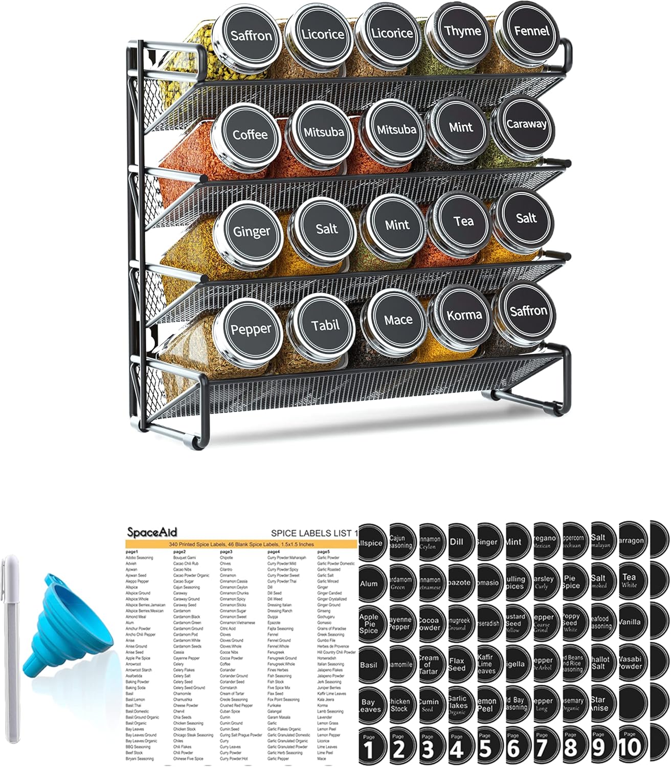 SpaceAid Spice Rack Organizer with 20 Jars and Labels Set