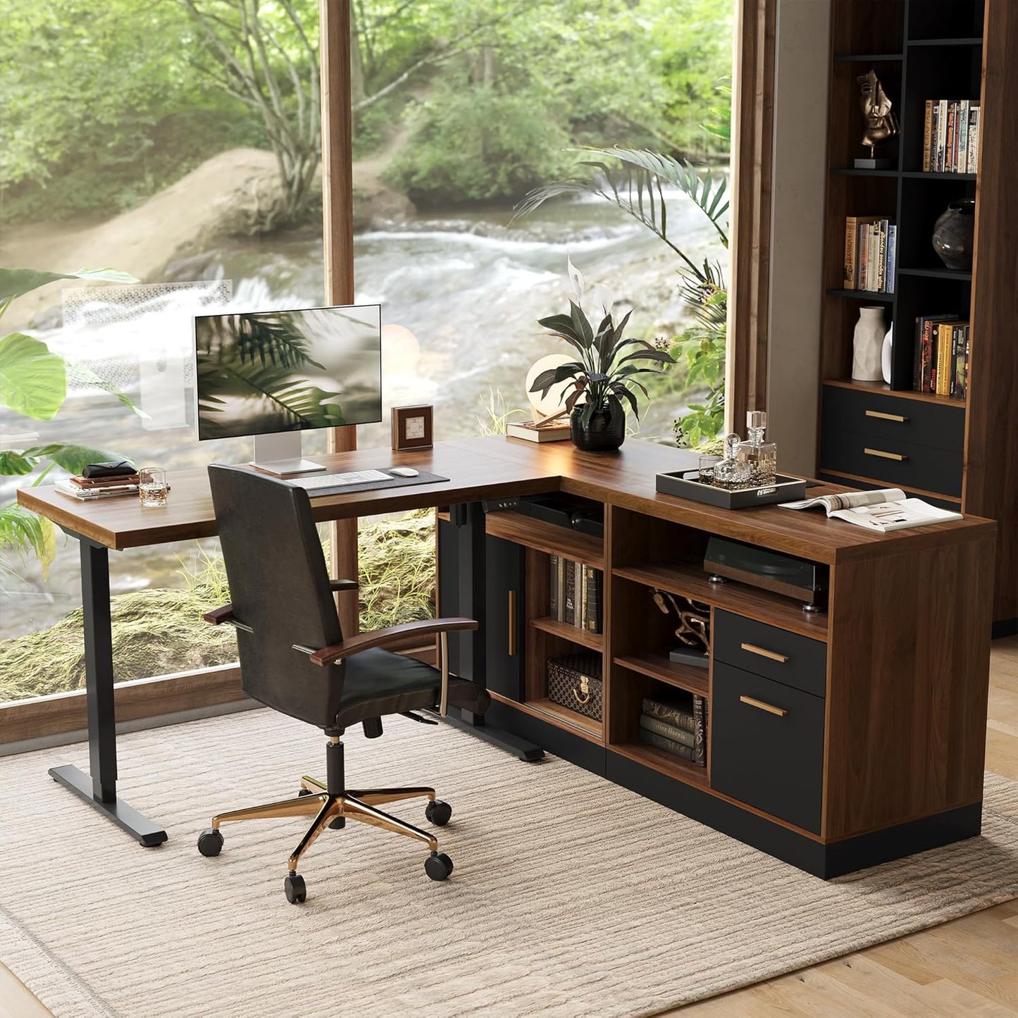 Height Adjustable L-Shaped Electric Desk with Storage & Power, Black Walnut