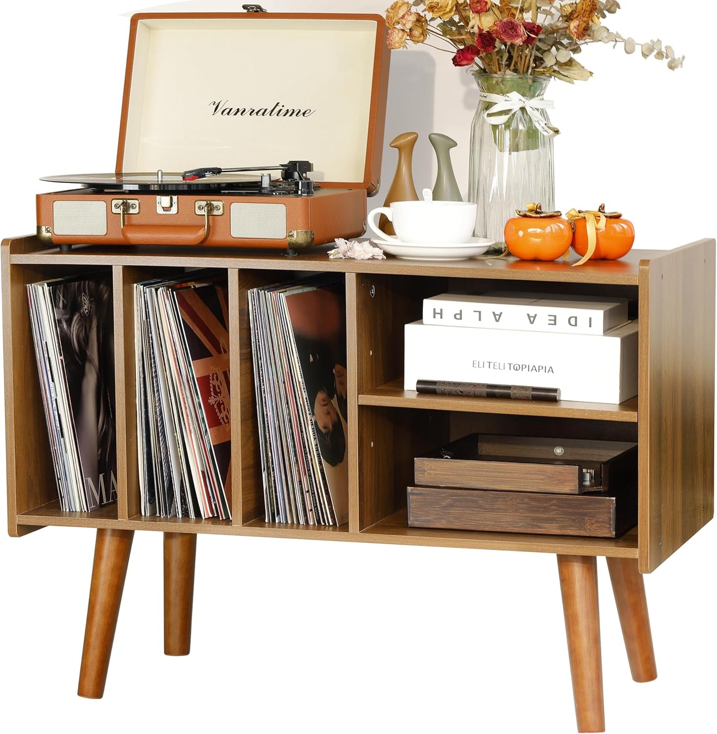 Mid-Century Modern Record Player Stand with Vinyl Storage