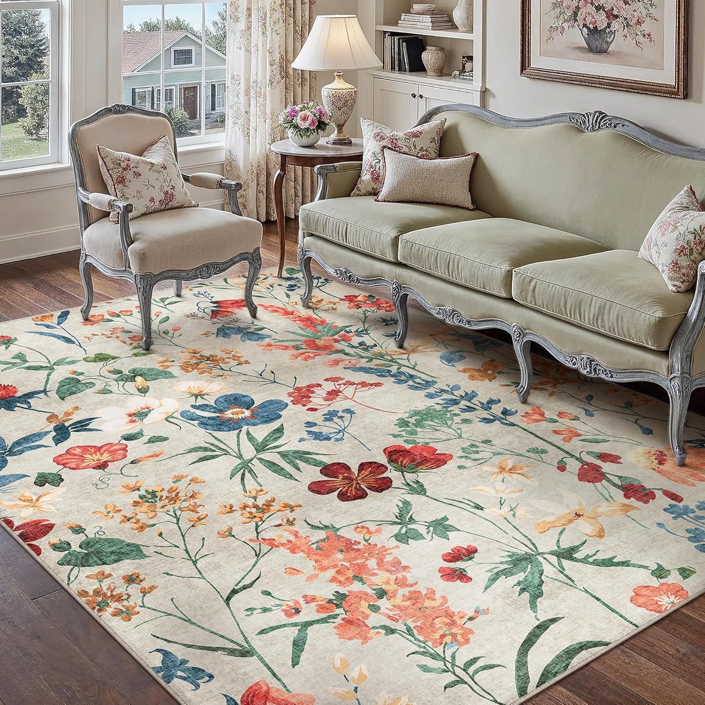 Beige Area Rug 5x7 Floral Washable Soft Throw Rug for Home