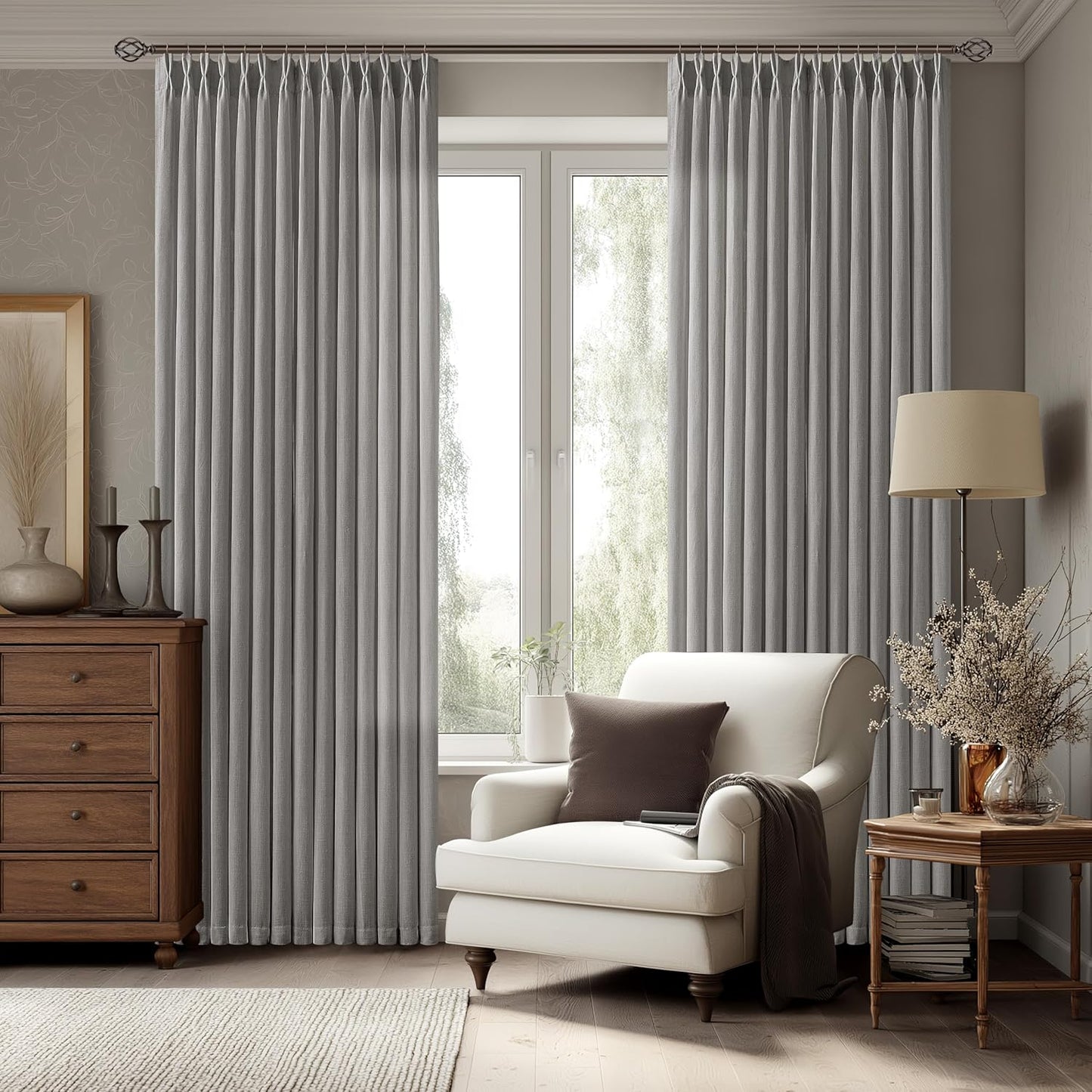 Pinch Pleated Gray Linen Curtains 108 Inches Long for Elegance