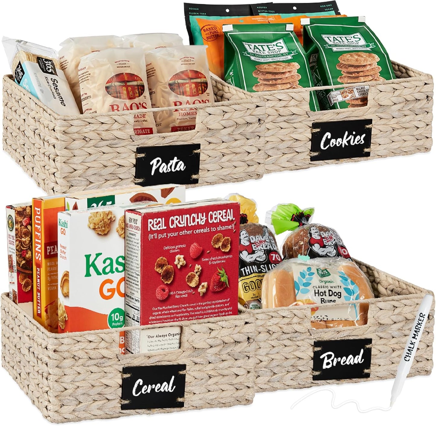Water Hyacinth Pantry Baskets Set of 4 with Chalkboard Labels