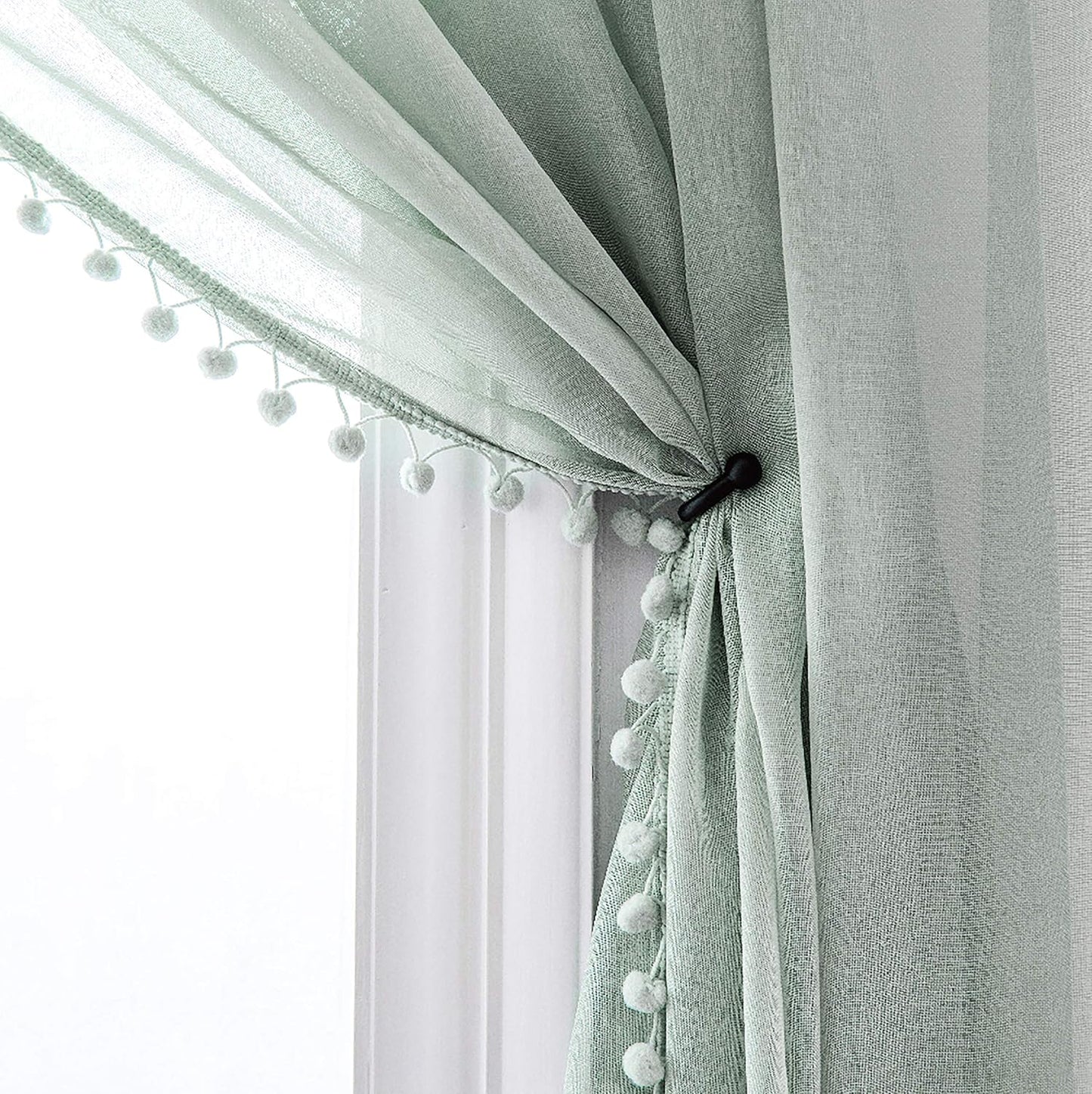 Linen Look Pom Pom Tasseled Sheer Curtains for Living Room
