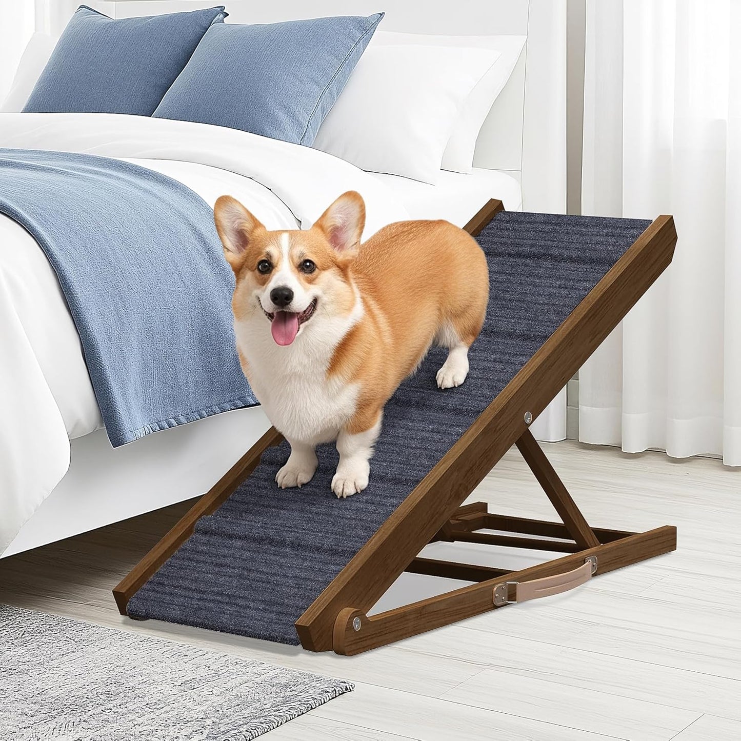 Adjustable Dog Ramp for Bed - Foldable Wooden Ramp for Pets