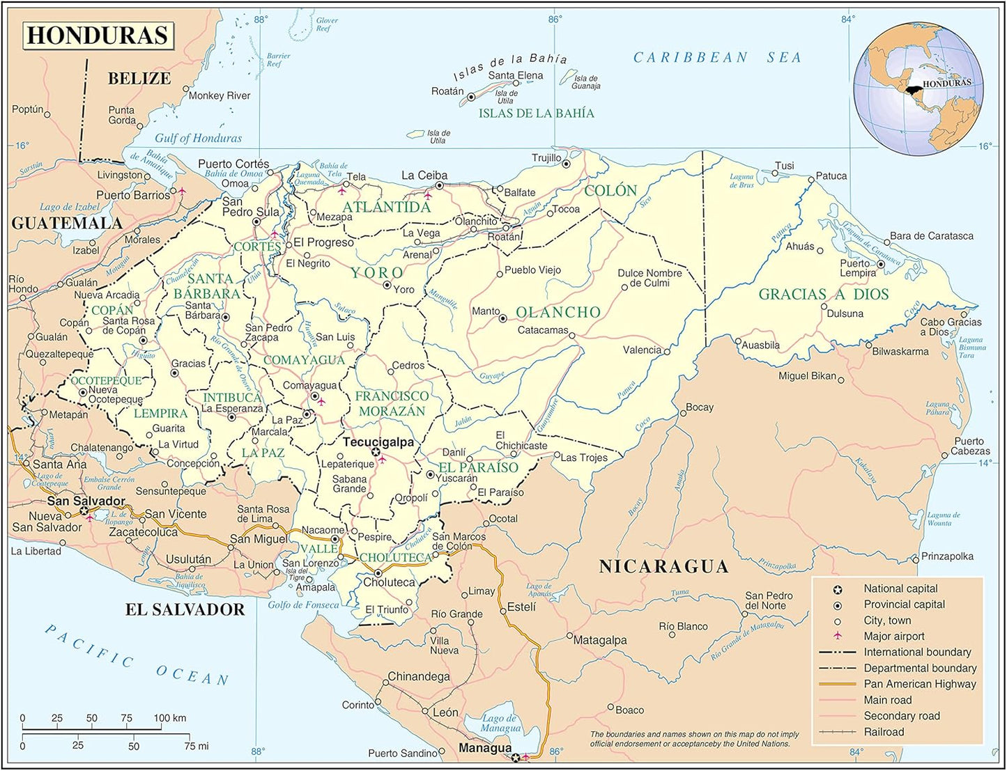 Honduras Detailed Map 24x31: Roads, Railroads, Cities
