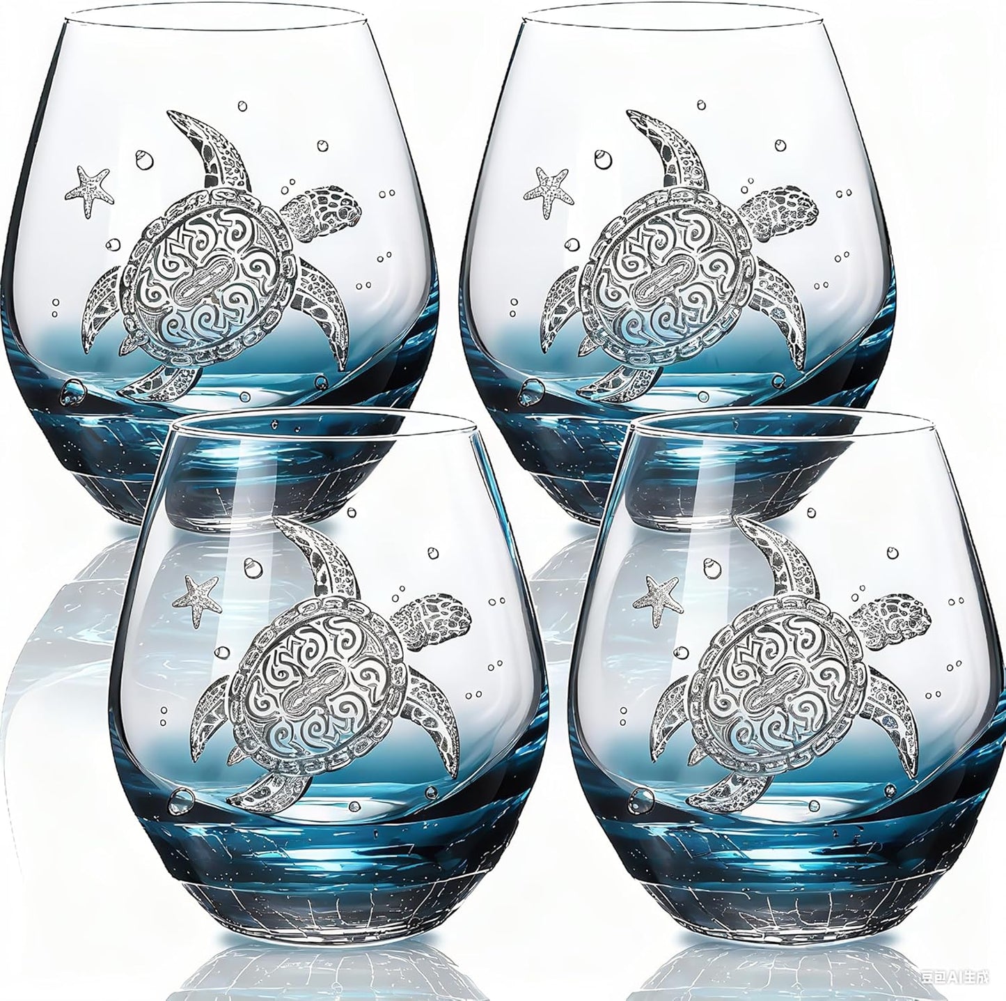 Sea Turtle Wine Glasses Set with Crackle Teal Design for Gifting