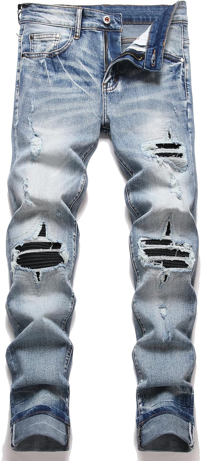 AITITIA Men's Ripped Regular Fit Stretch Jeans for Comfort