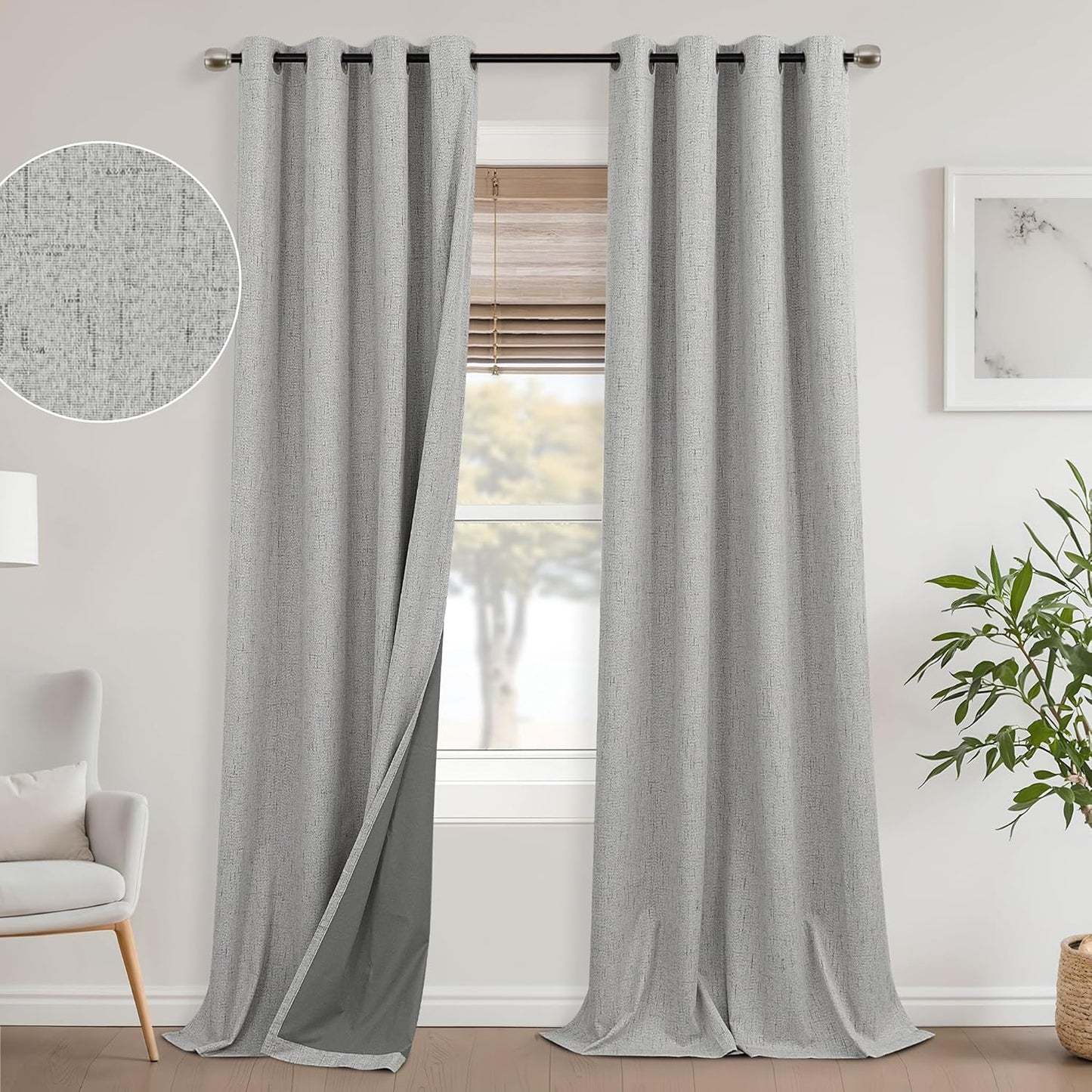 Mrs.Naturall Light Grey Grommet Linen Blackout Curtains 52x108