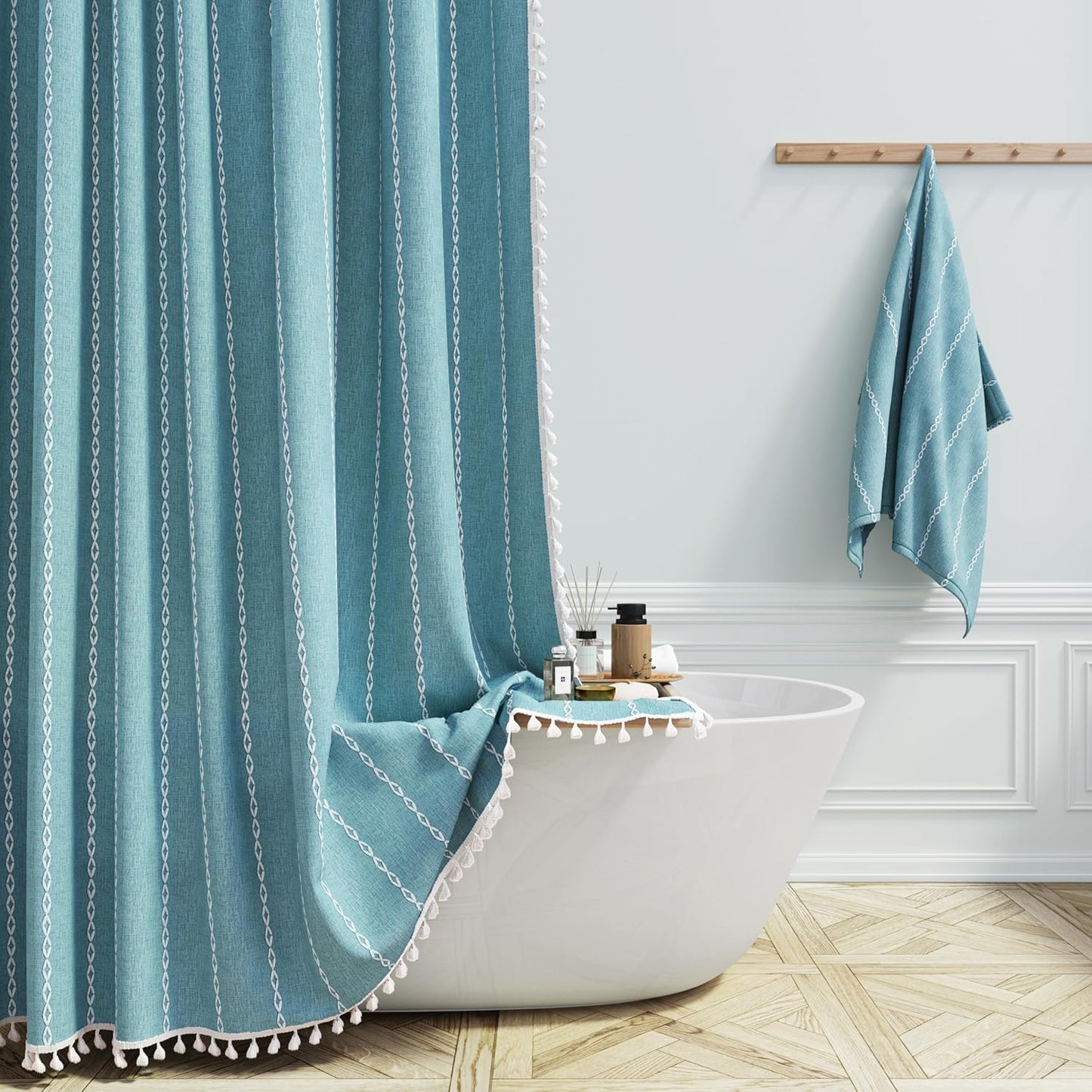 Boho Farmhouse Linen Striped Shower Curtain Set with Tassel