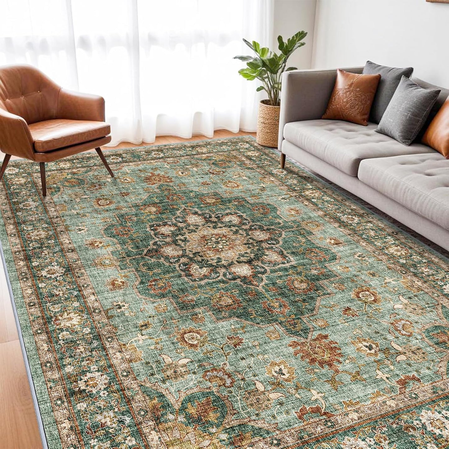 Washable Oriental Area Rug - 7x9 Soft Carpet for Living Room