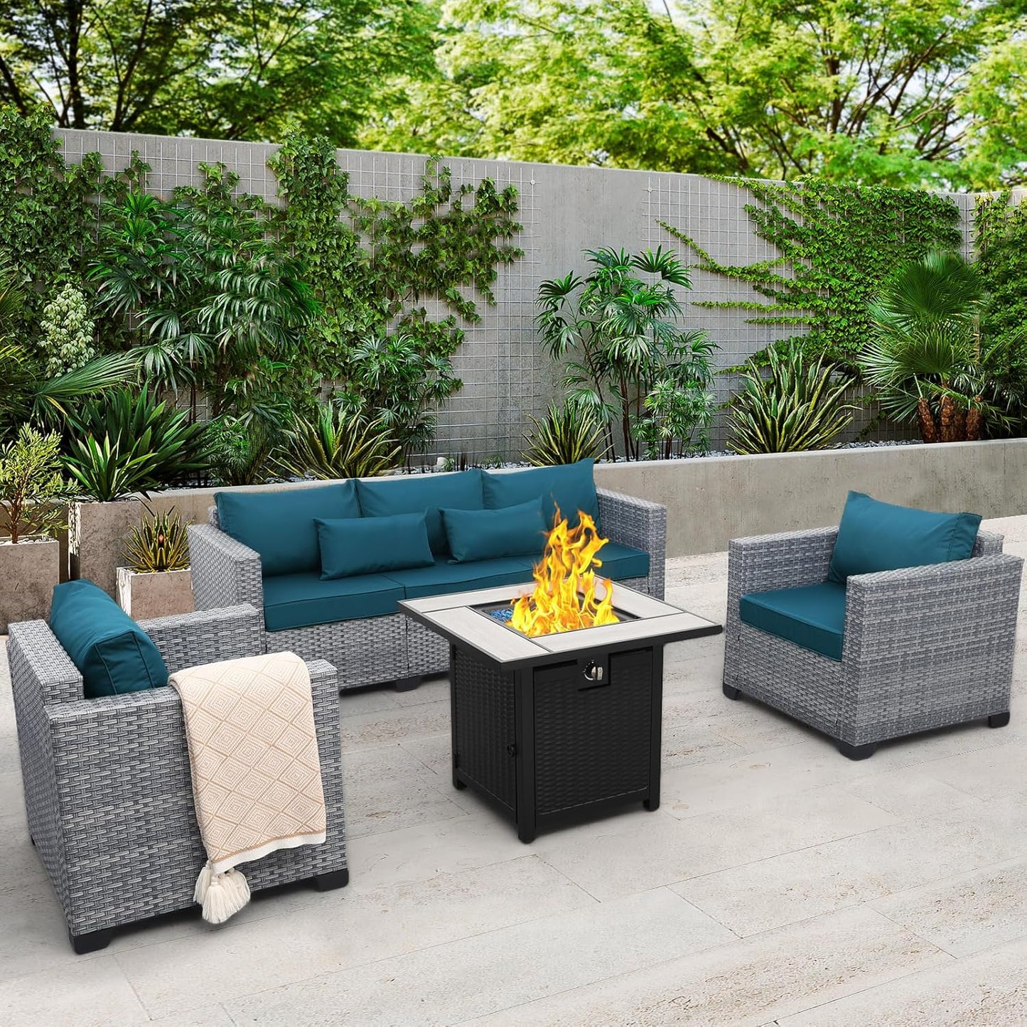 4 Piece Wicker Patio Furniture Set with Fire Pit Table Comfort