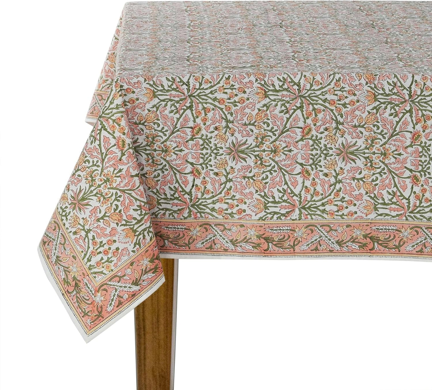 Ridhi Sassy Salmon Pink Hand Block Print Cotton Tablecloth 108 x 70