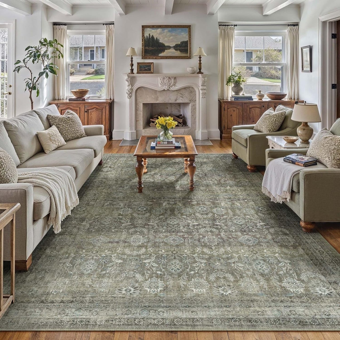 8x10 Washable Neutral Area Rug for Living Room and More