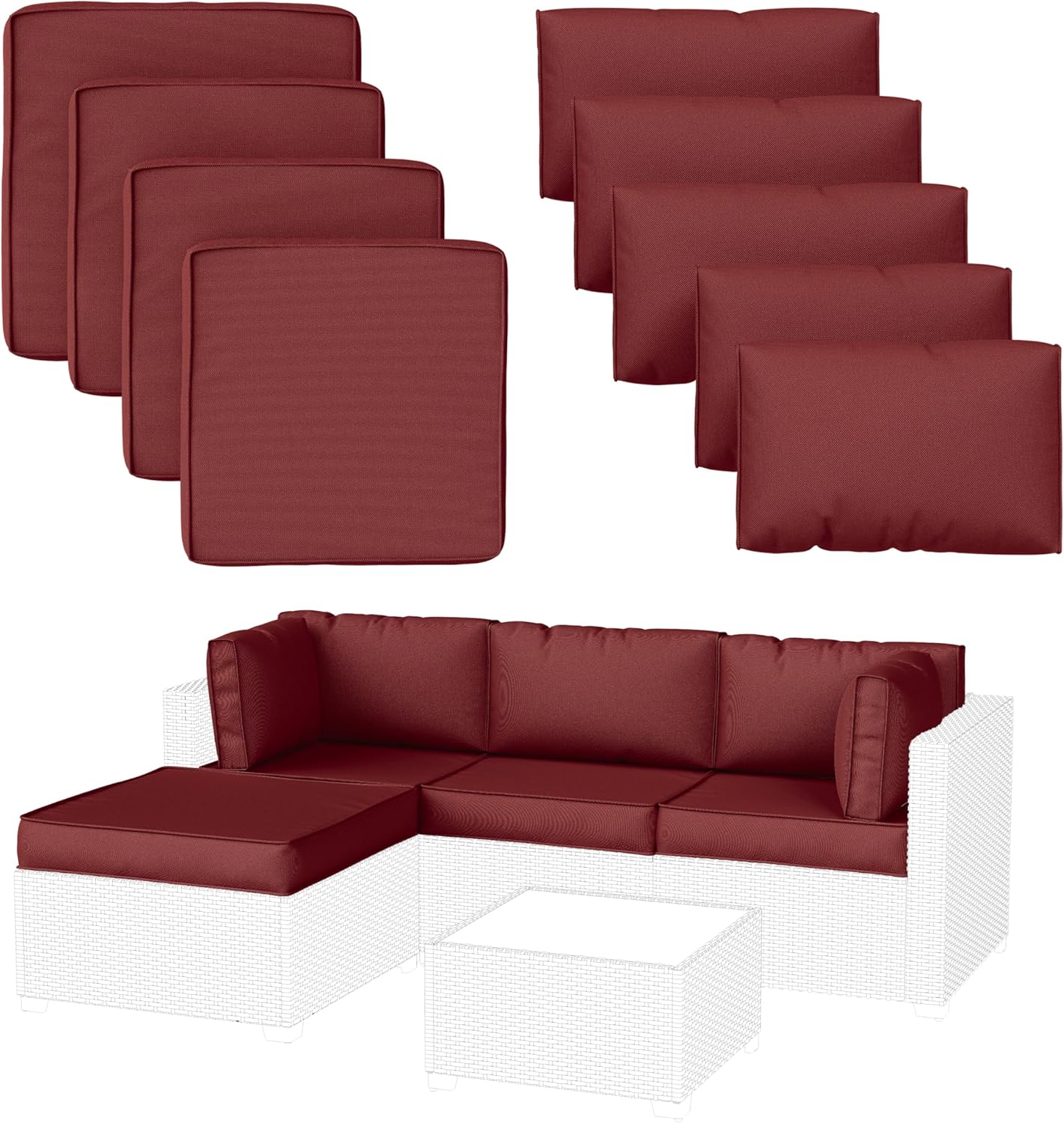 9 Pack Patio Cushion Covers for Outdoor Furniture Set in Burgundy