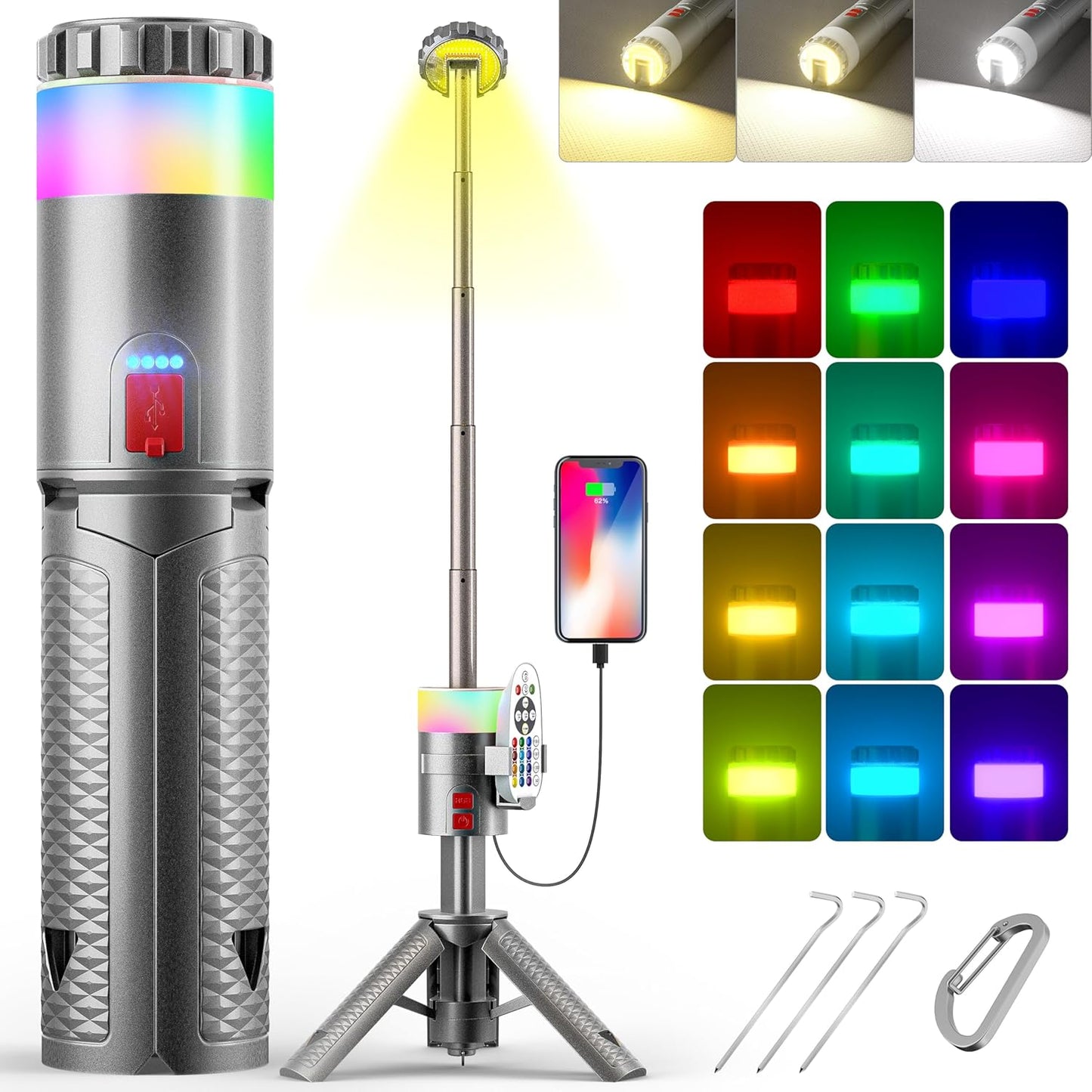 2000LM Telescopic Camping Light: 15 Colors, Rechargeable, Remote Control