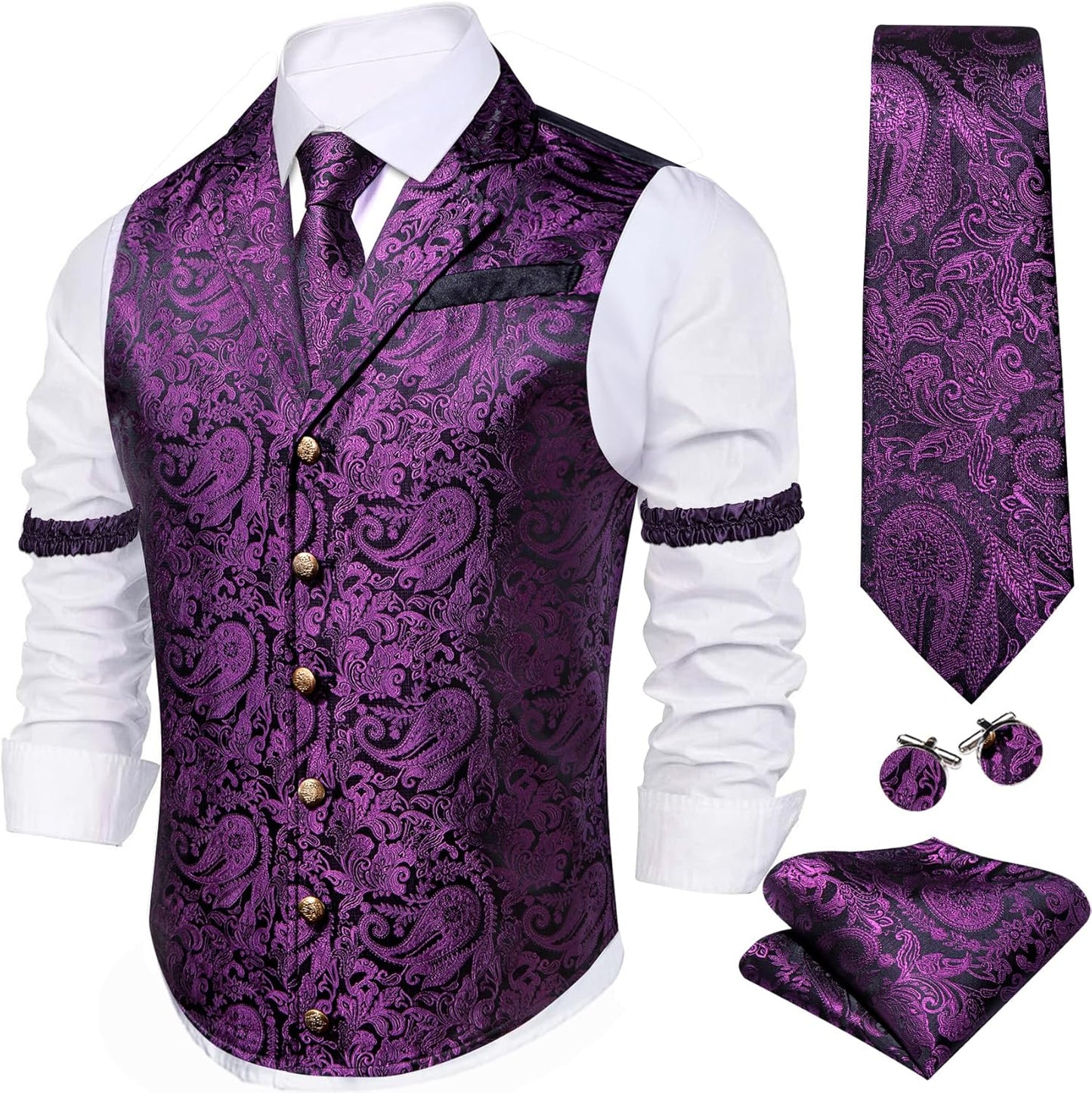 Stylish Barry.Wang Mens Silk Lapel Vest Tie Sleeve Holder Set