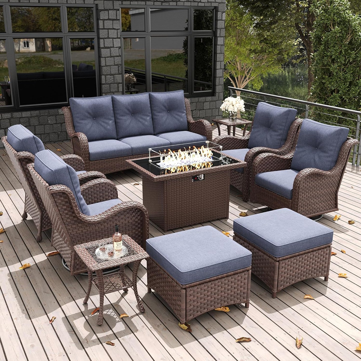 LayinSun 10Pcs Patio Furniture Set with Fire Pit Table & Chairs
