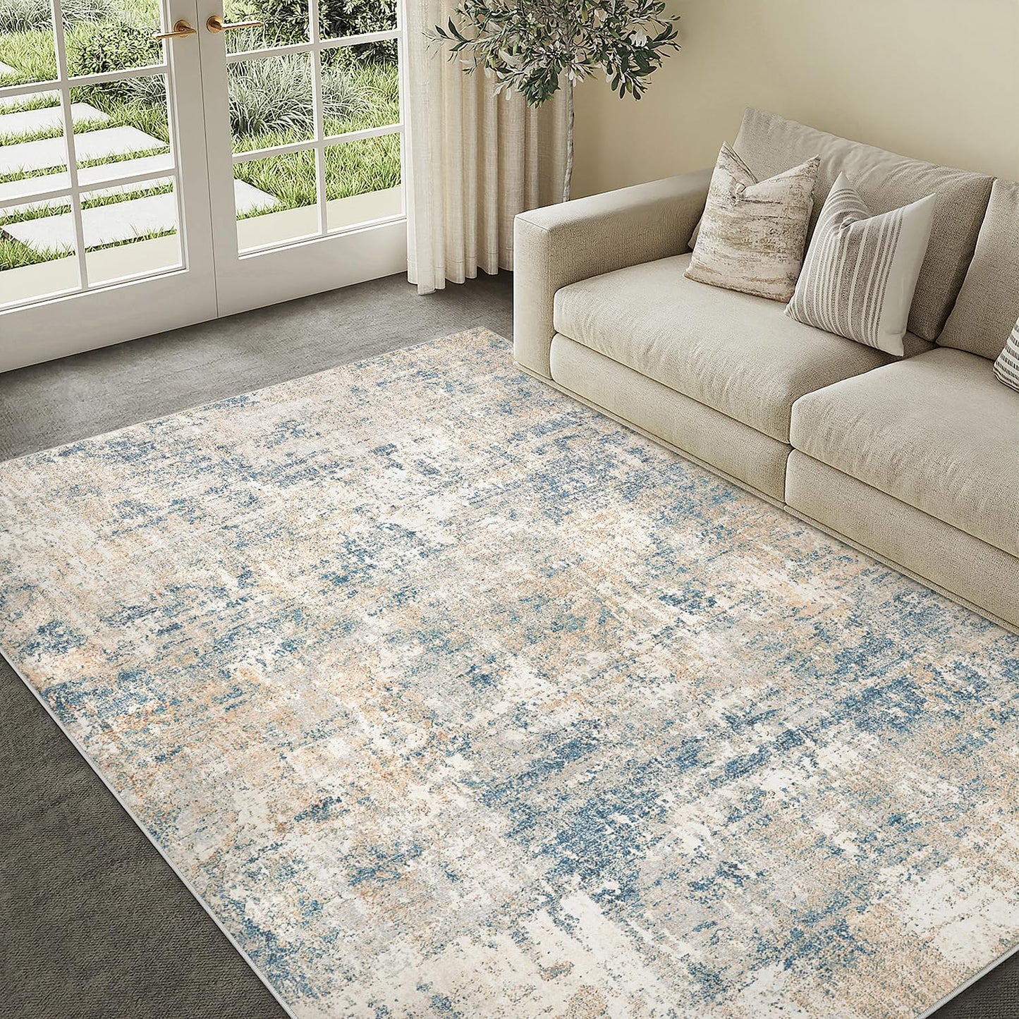 Machine Washable Area Rug 5x7 Blue Brown for Modern Homes