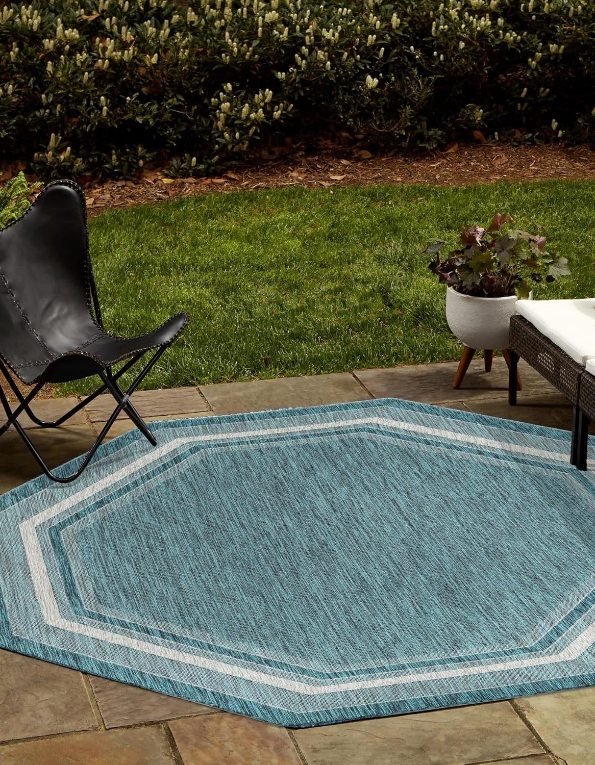 Unique Loom Outdoor Border Collection Area Rug - Teal/ Ivory