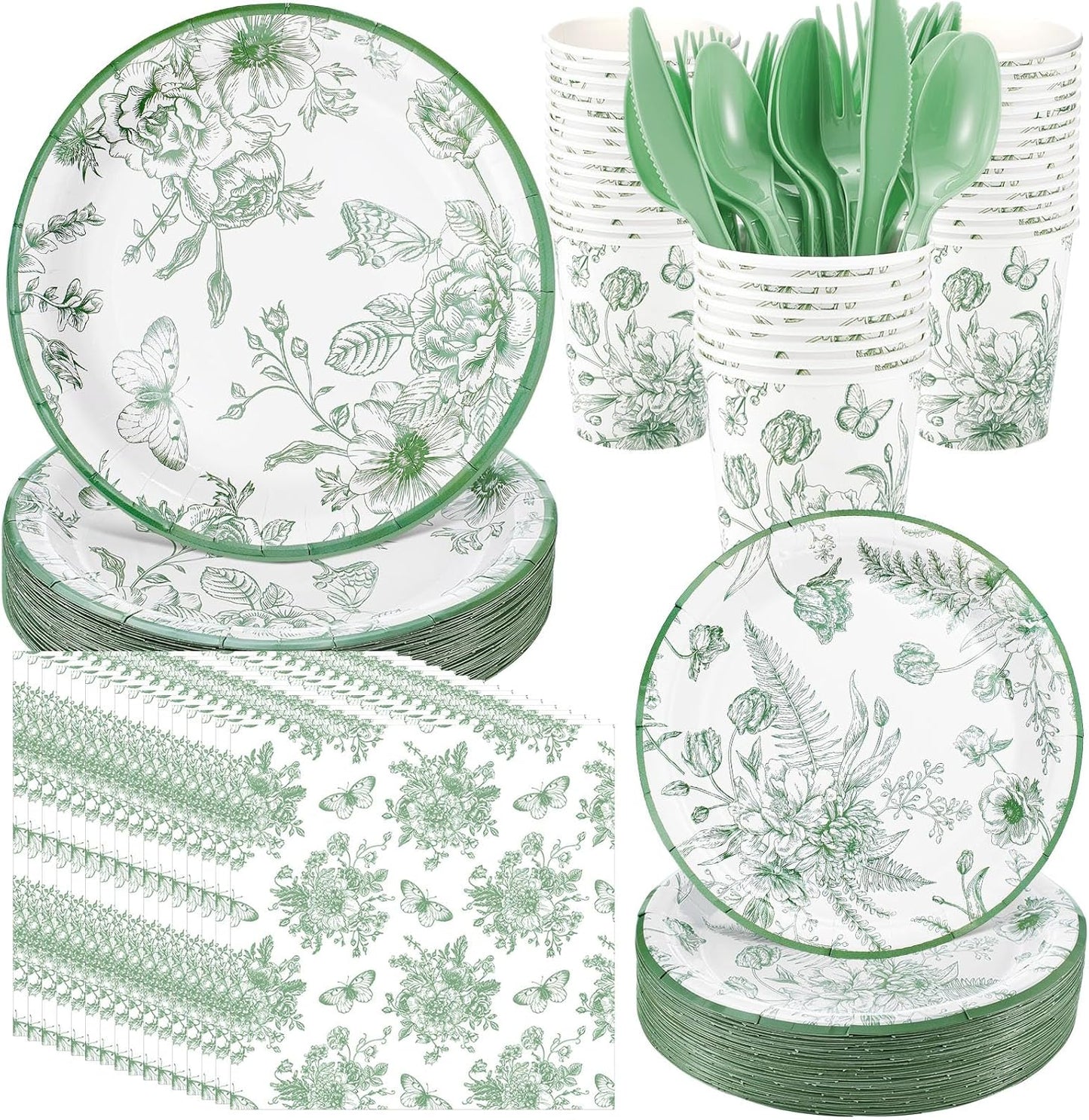 400 Pcs Green Floral Party Supplies for 50 Guests Perfect for Events