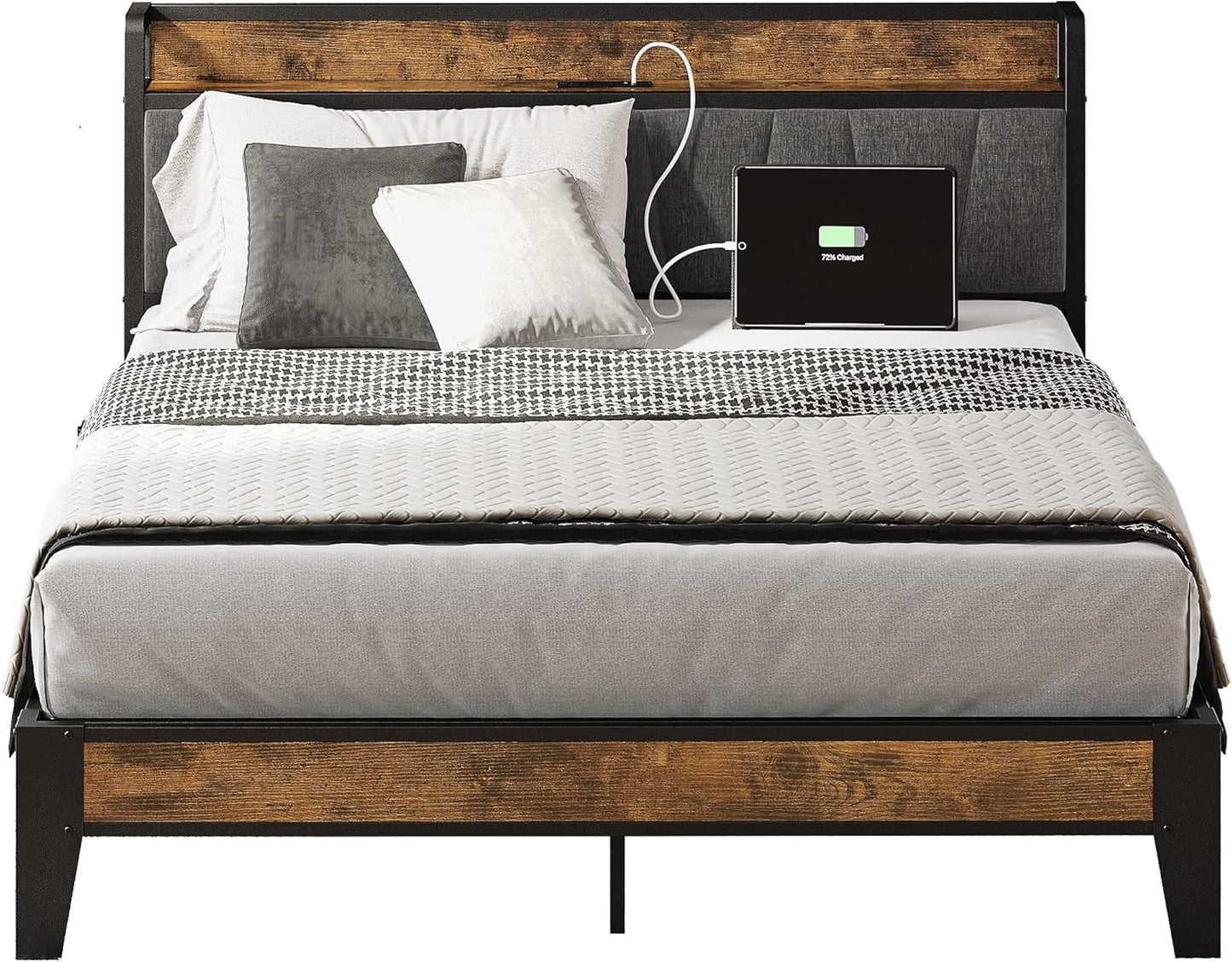 LIKIMIO Full Bed Frame with Storage Headboard and Charging Station