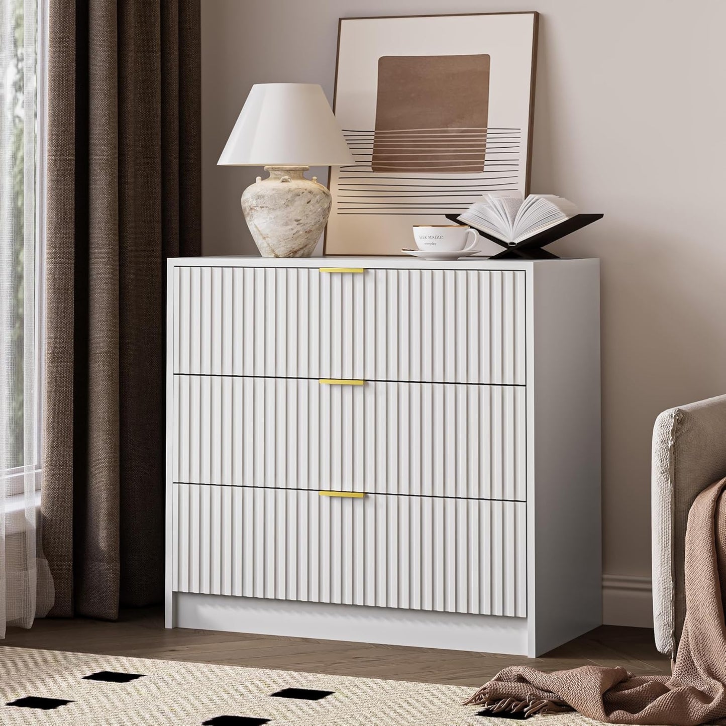 White Fluted Dresser for Bedroom with Large Drawer and Style