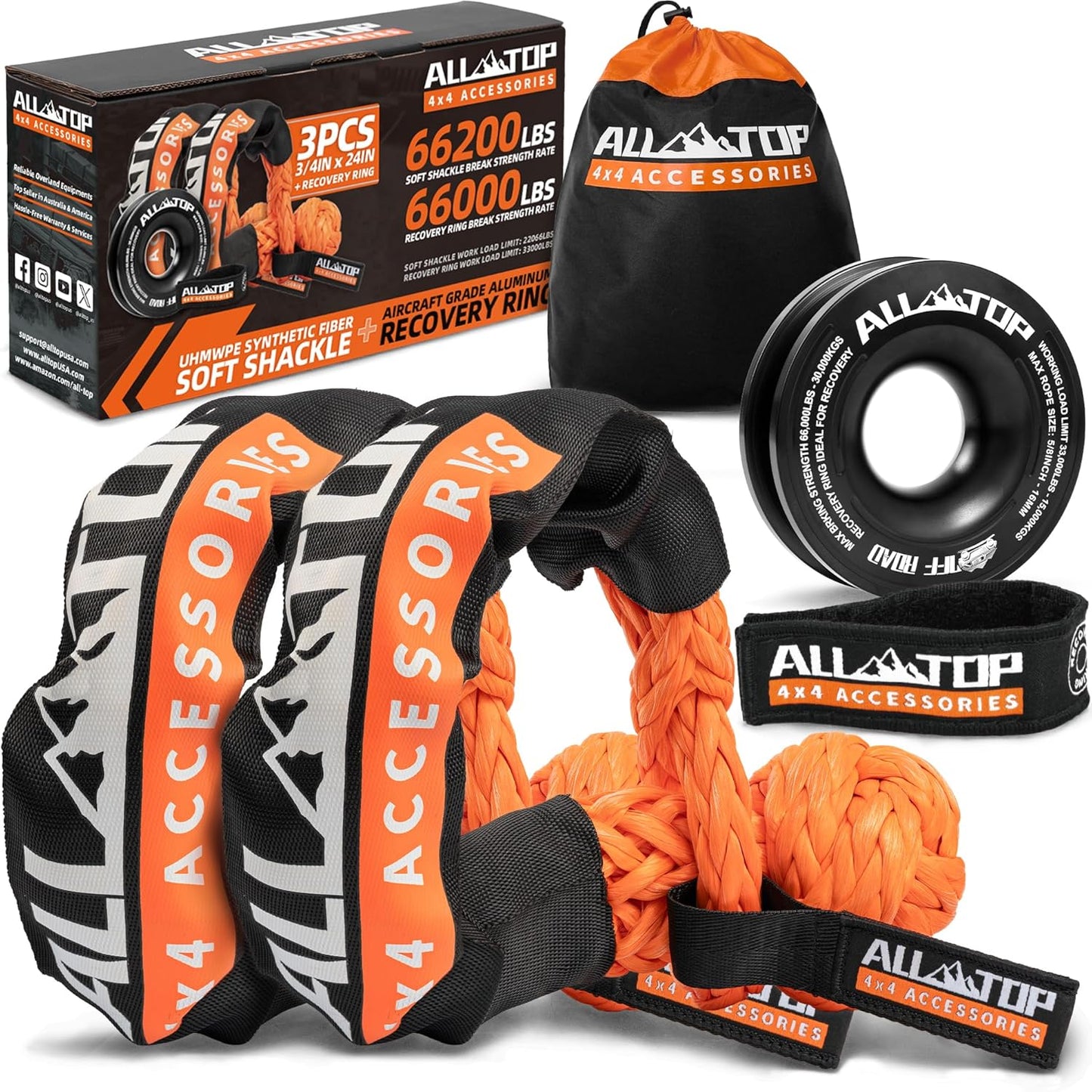 ALL-TOP Synthetic Soft Shackle & Recovery Ring Kit for Winch Use