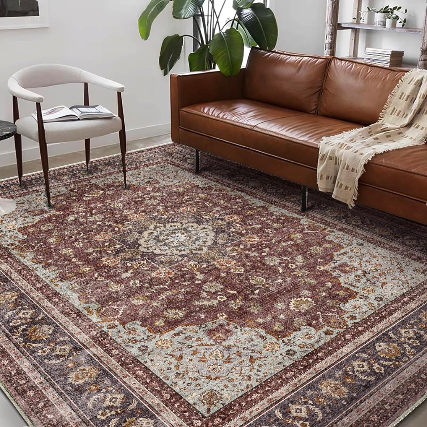 Washable Area Rug 8ftx10ft Retro Boho Design for High Traffic