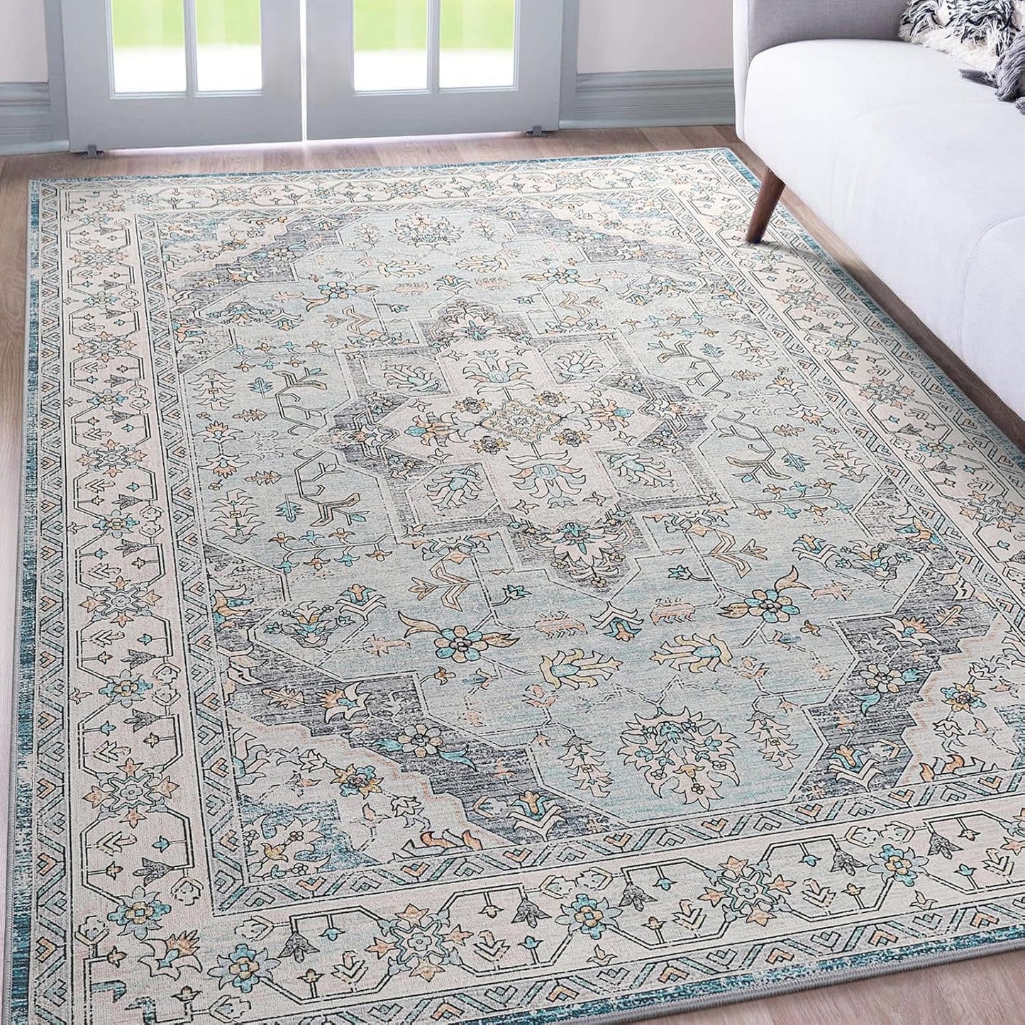 FlyDOIT Vintage Washable Area Rug, 6x9 Blue Floral Medallion