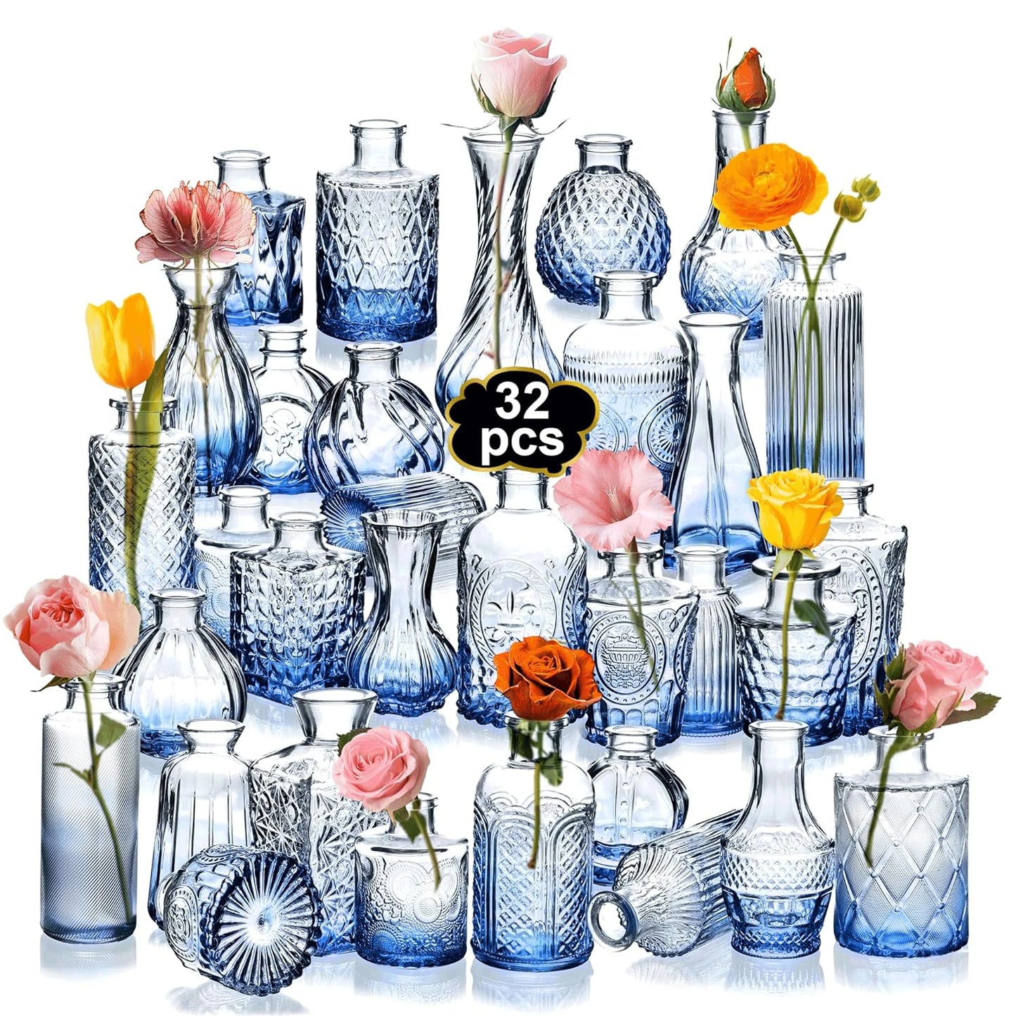 Glass Bud Vase Set of 32PCS for Vintage Centerpieces and Decor