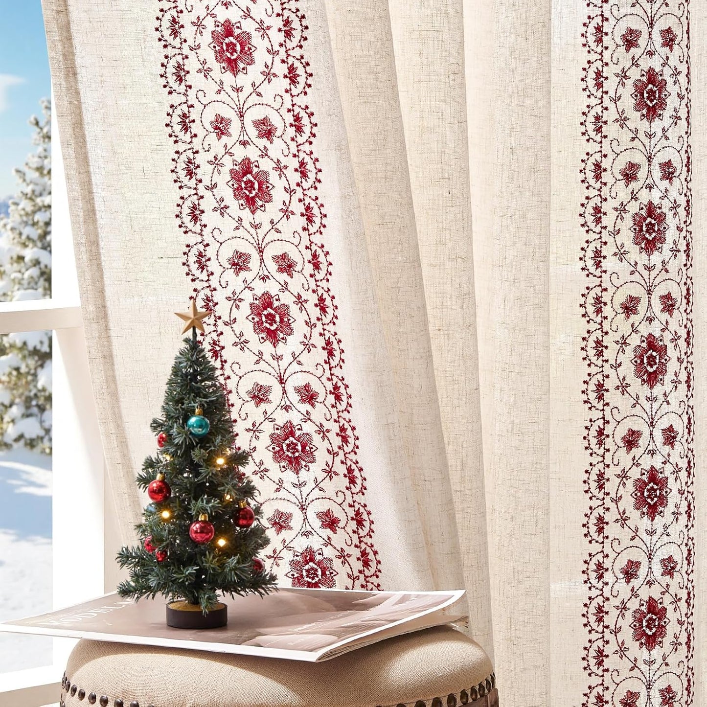 jinchan Christmas Curtains for Bedroom Red Vintage Floral Drapes