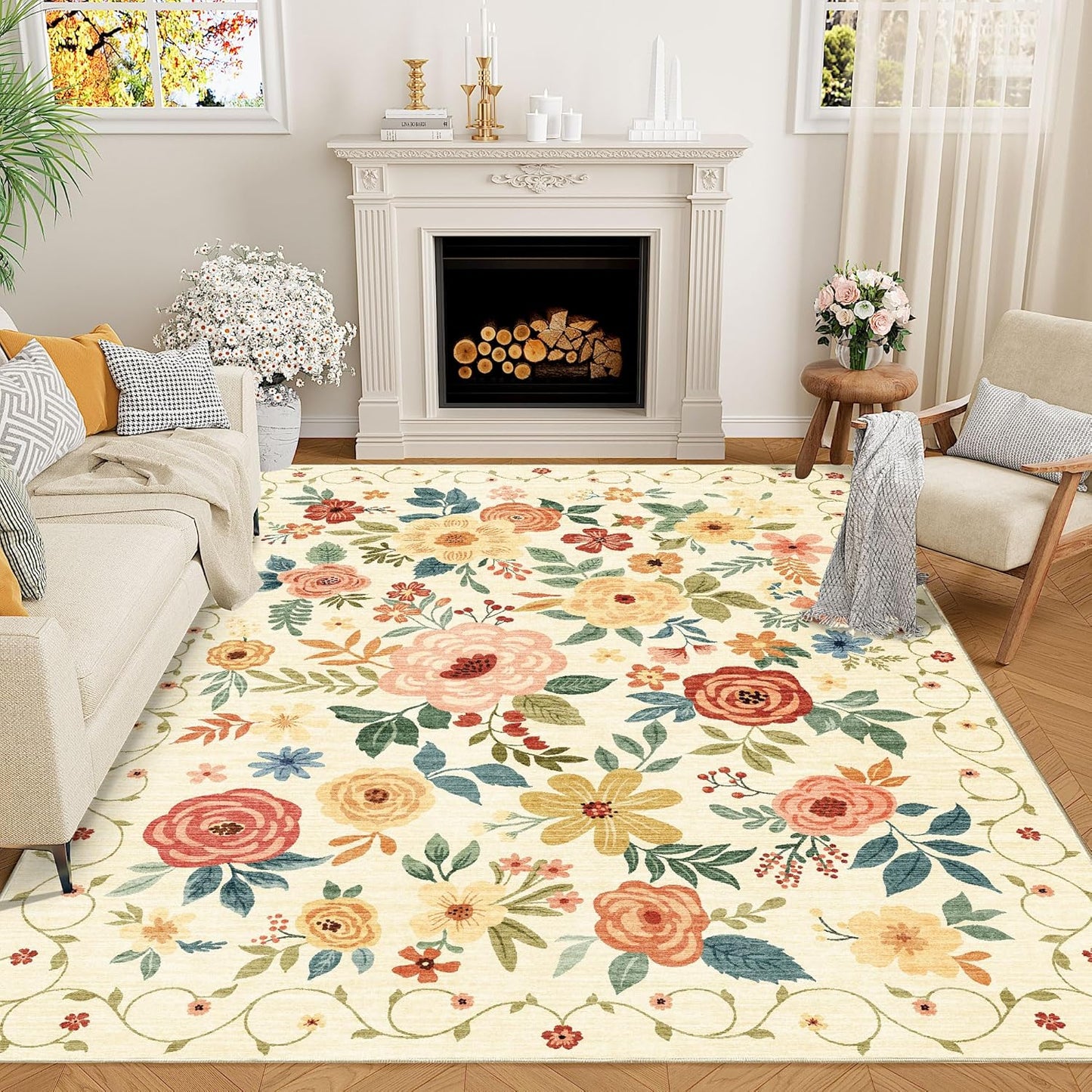 DUKINO 5x7 Area Rug - Lightweight Non Slip Floral Design