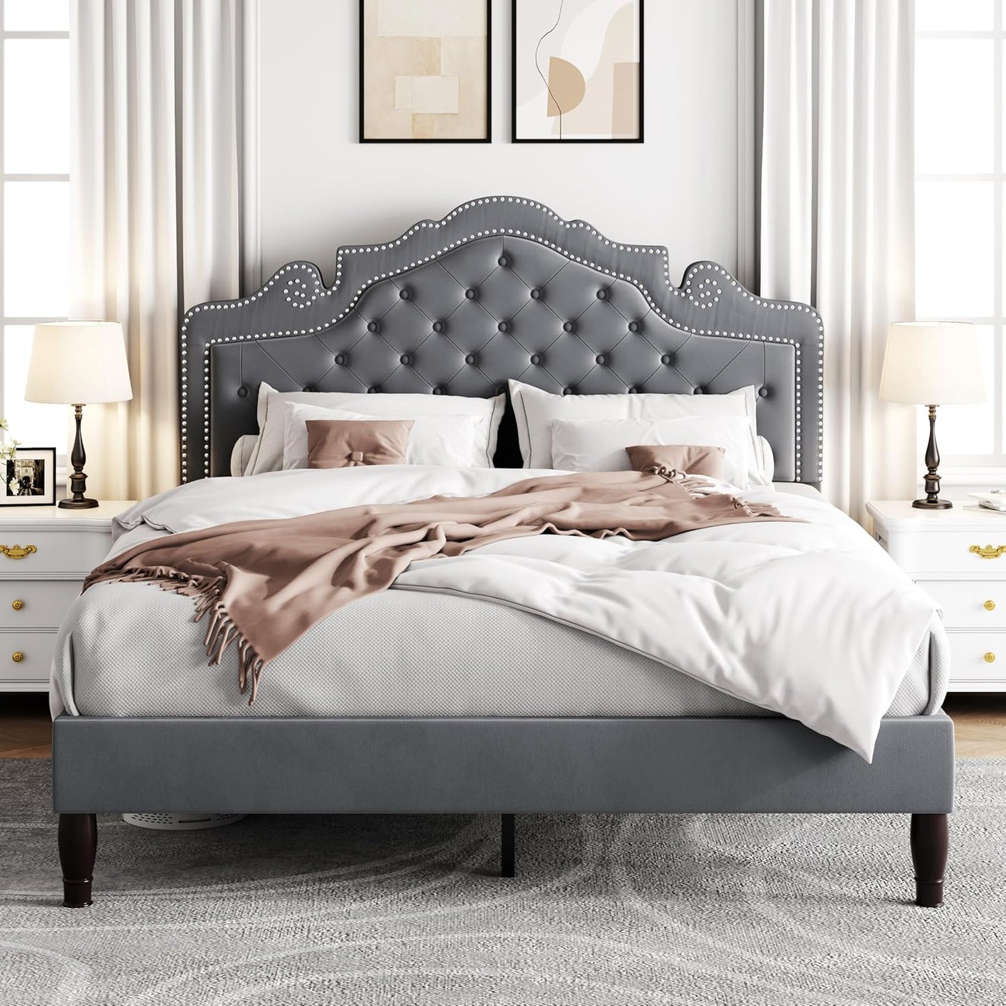 Allewie Full Size Bed Frame with Adjustable Velvet Headboard