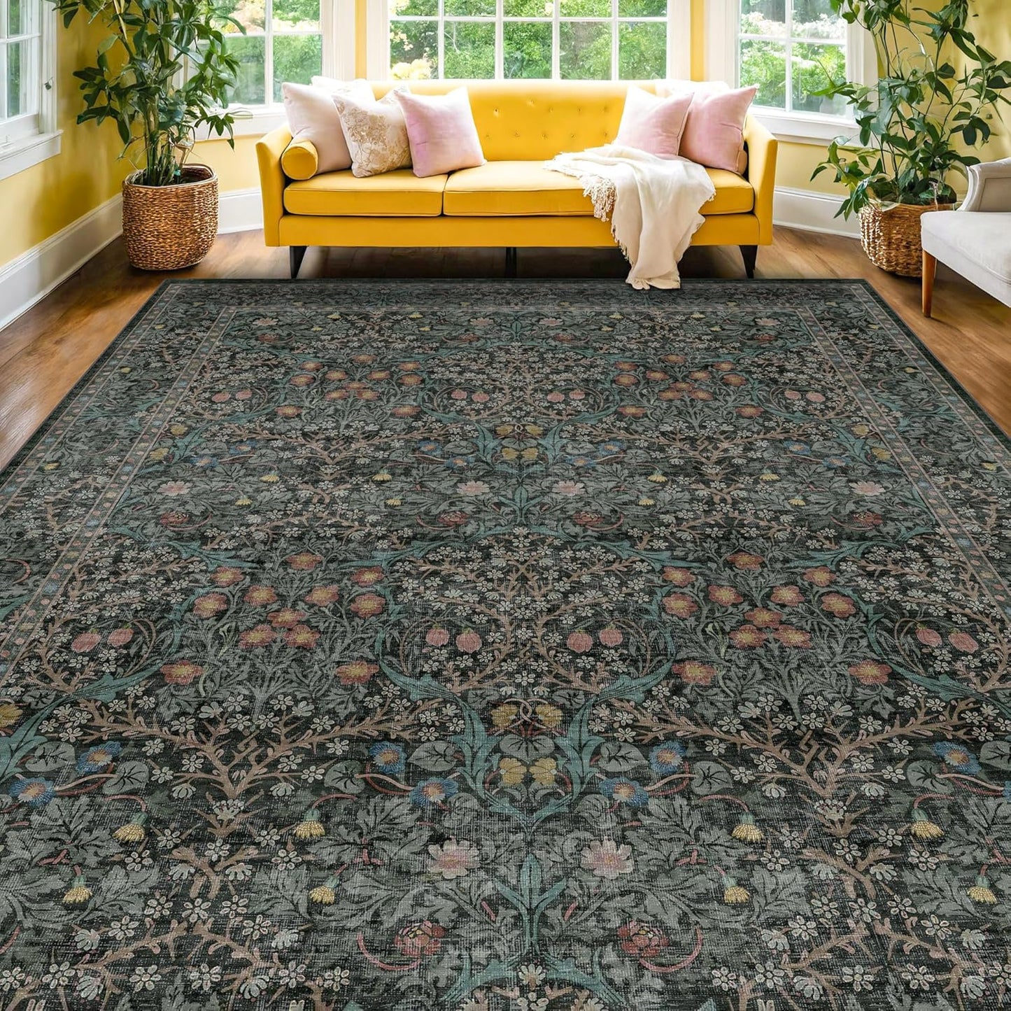 Washable Dark Green Rug for Living Room - Vintage Floral Decor