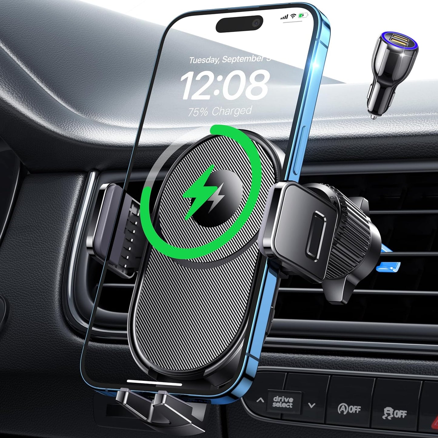 15W Fast Wireless Car Charger for iPhone & Samsung - Auto Clamping Air Vent Mount