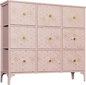 Nasonet Dresser for Bedroom with 9 Drawers and Golden Lines