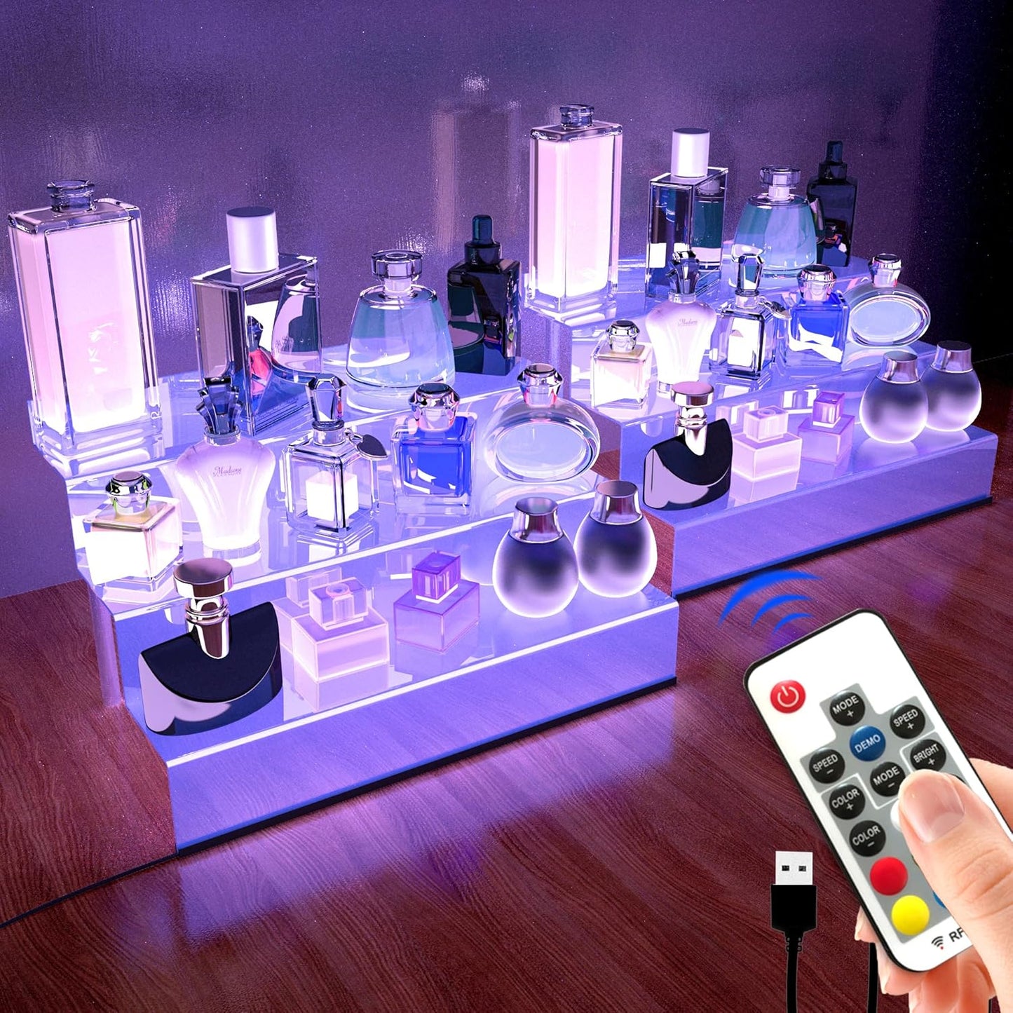 12 IN Clear Acrylic Display Riser Shelf with LED Light for Organizing