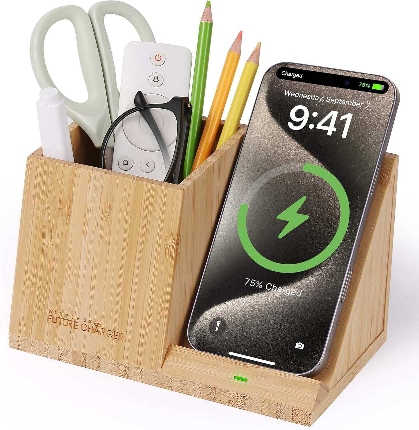 Bamboo Pen Holder & Wireless Charger for Desk Organization