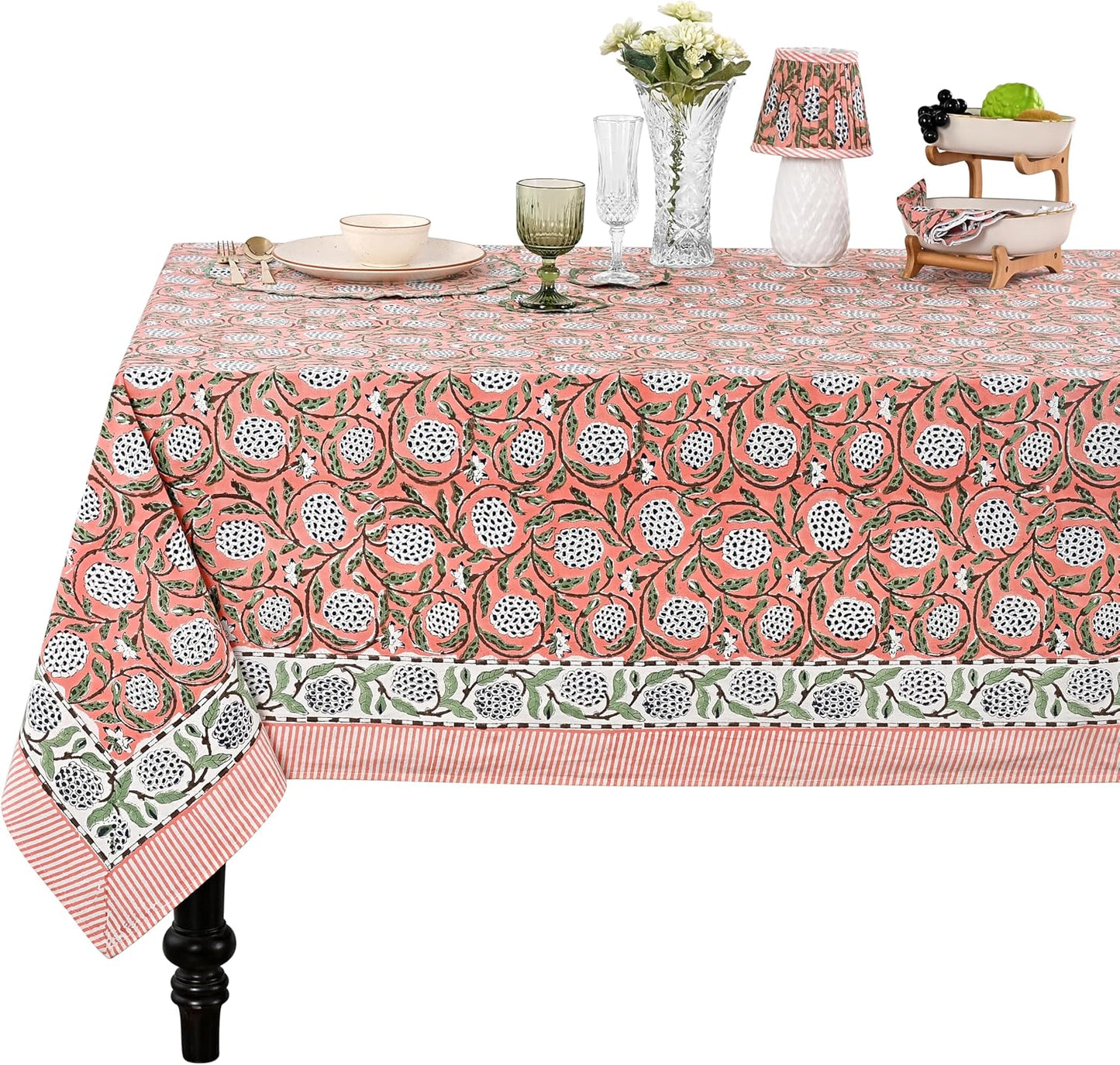 Ridhi Dark Salmon Pink Hand Block Printed Tablecloth for Dining