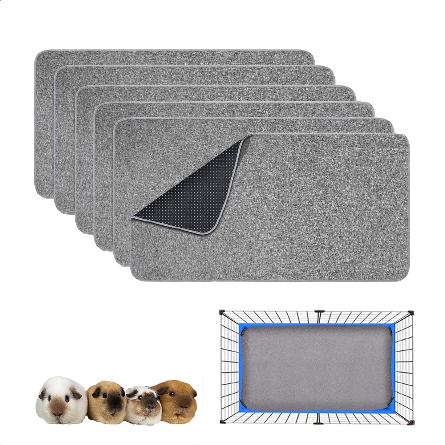 Guinea Pig Cage Liner 6 Pack - Washable Leakproof Fleece Pads