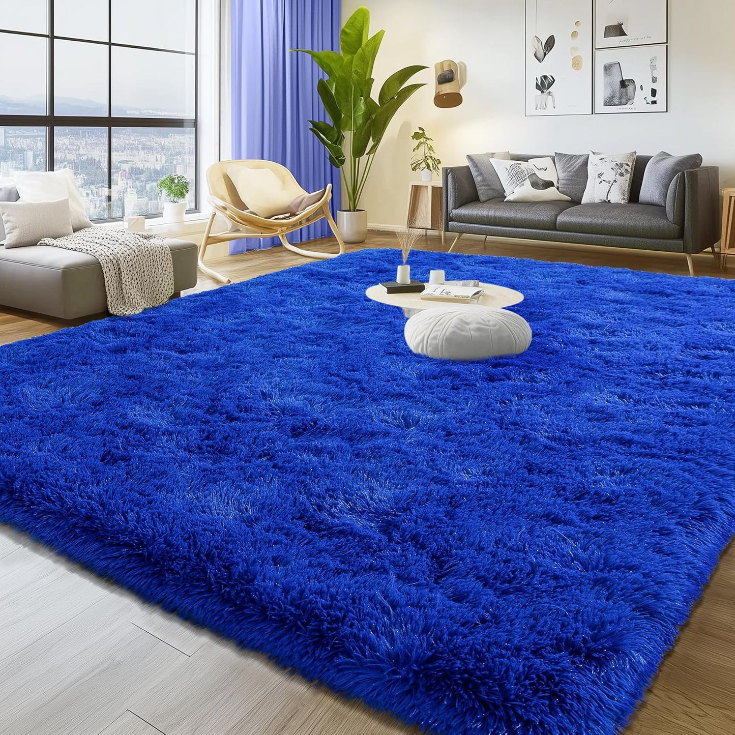 Large 8x10 Area Rugs for Living Room, Bright Blue Soft Shag
