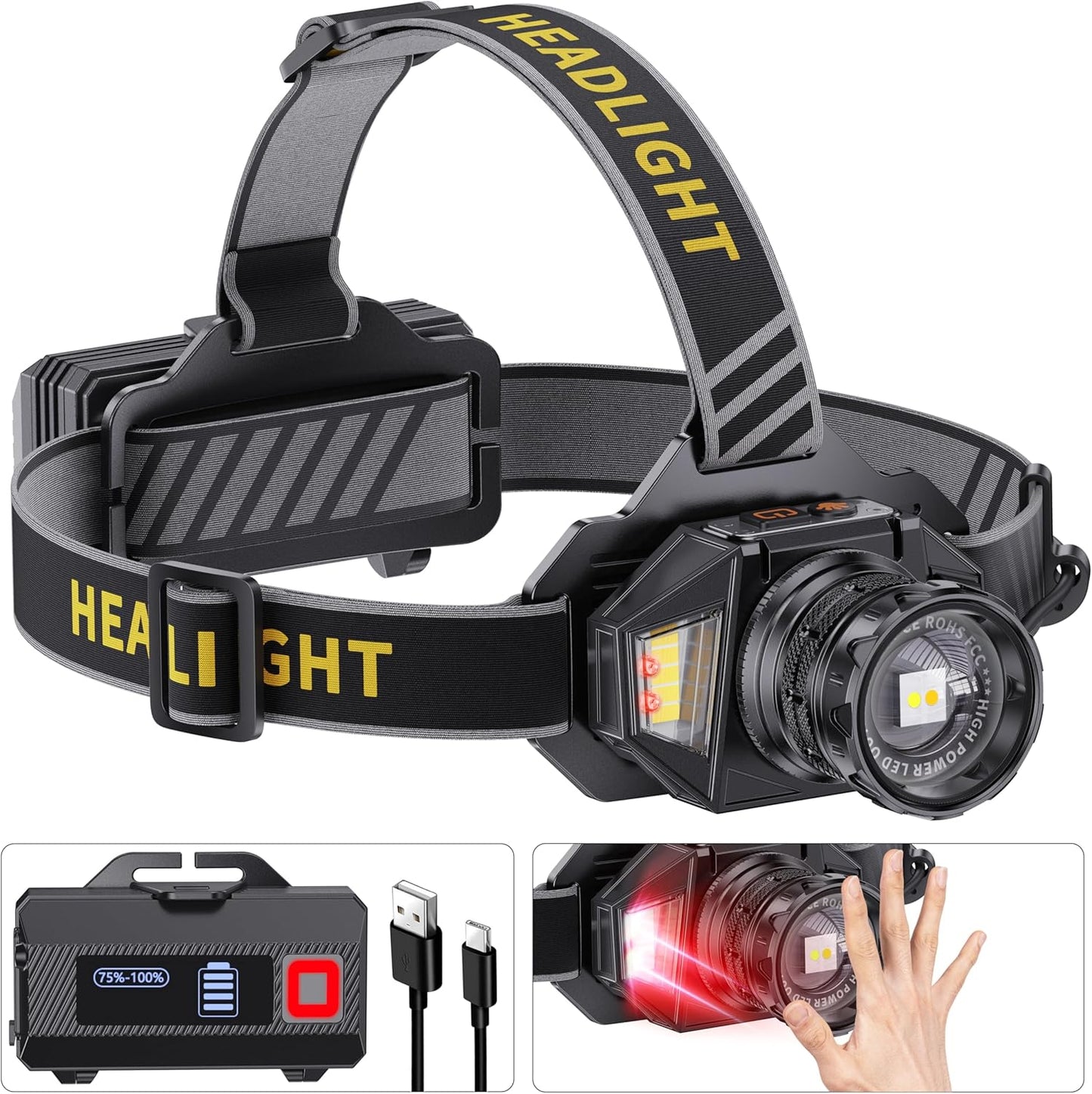 LED Headlamp Rechargeable with 12 Modes & 90H Battery Life