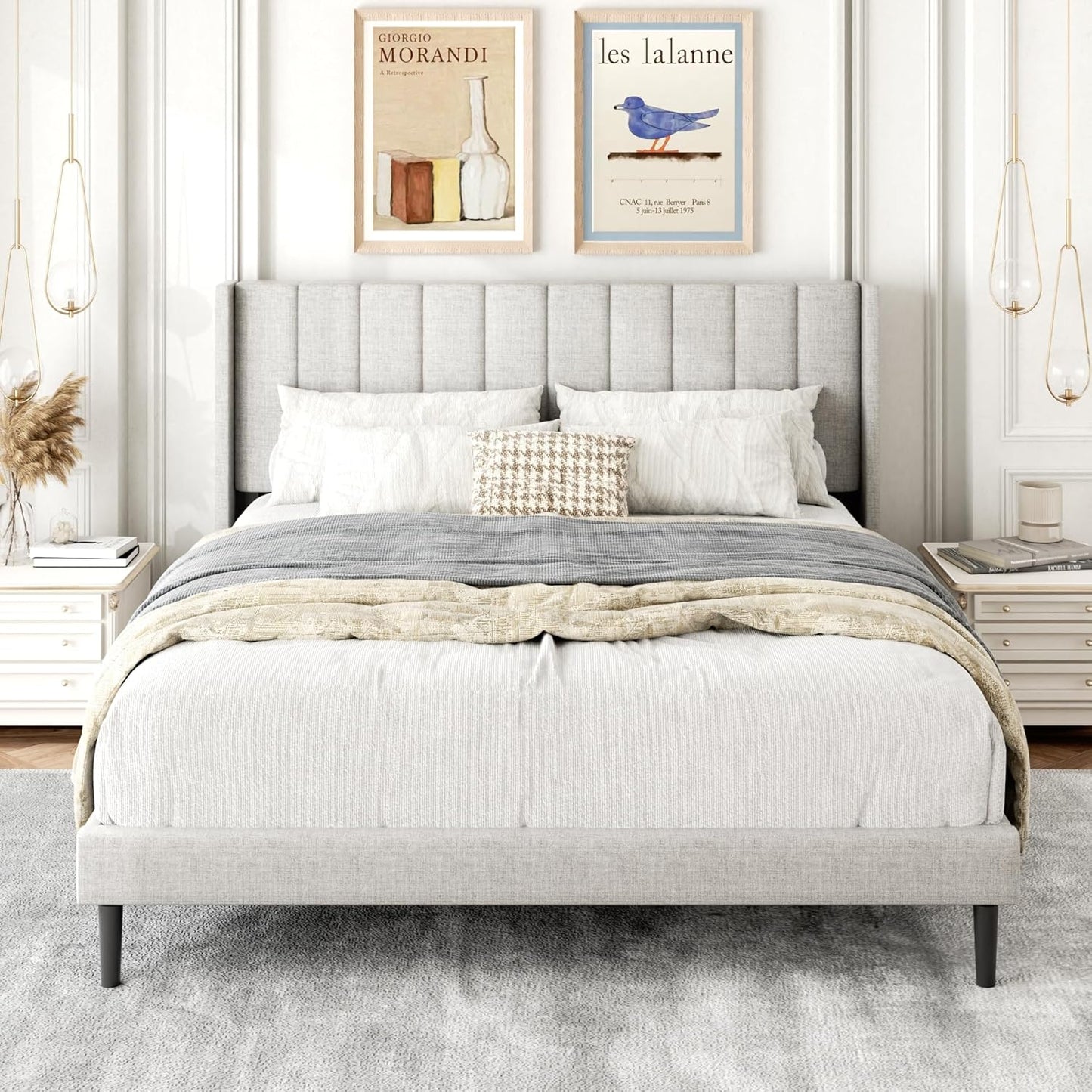 Queen Size Bed Frame with Upholstered Wingback Headboard