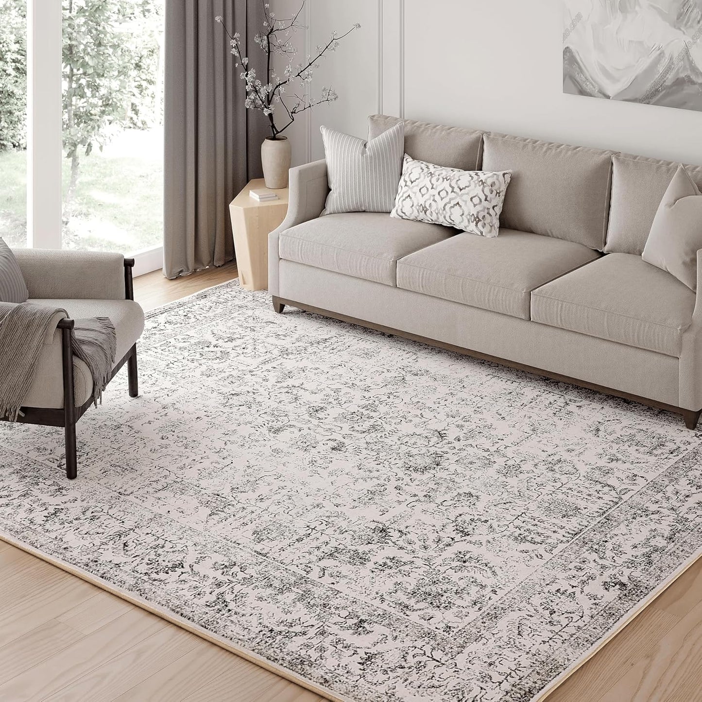 Vintage Distressed 5x7 Gray Rug - Machine Washable & Non Slip