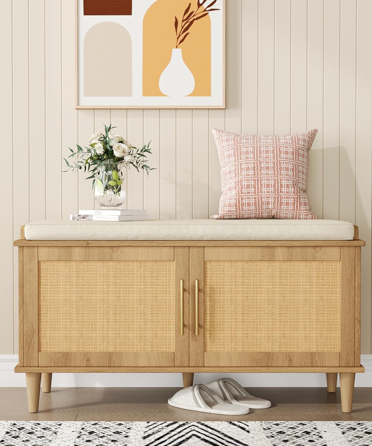 Natural Rattan Shoe Storage Bench with Cushion for Entryway
