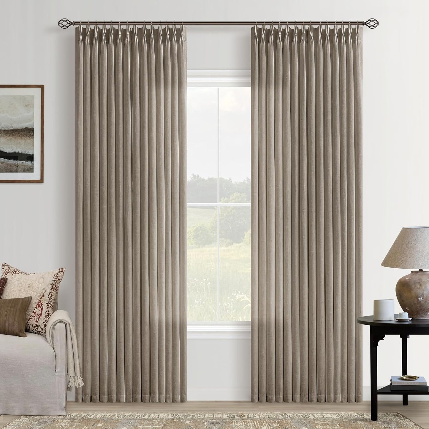Taupe Linen Curtains Pinch Pleated 84 Inch Length for Home Decor