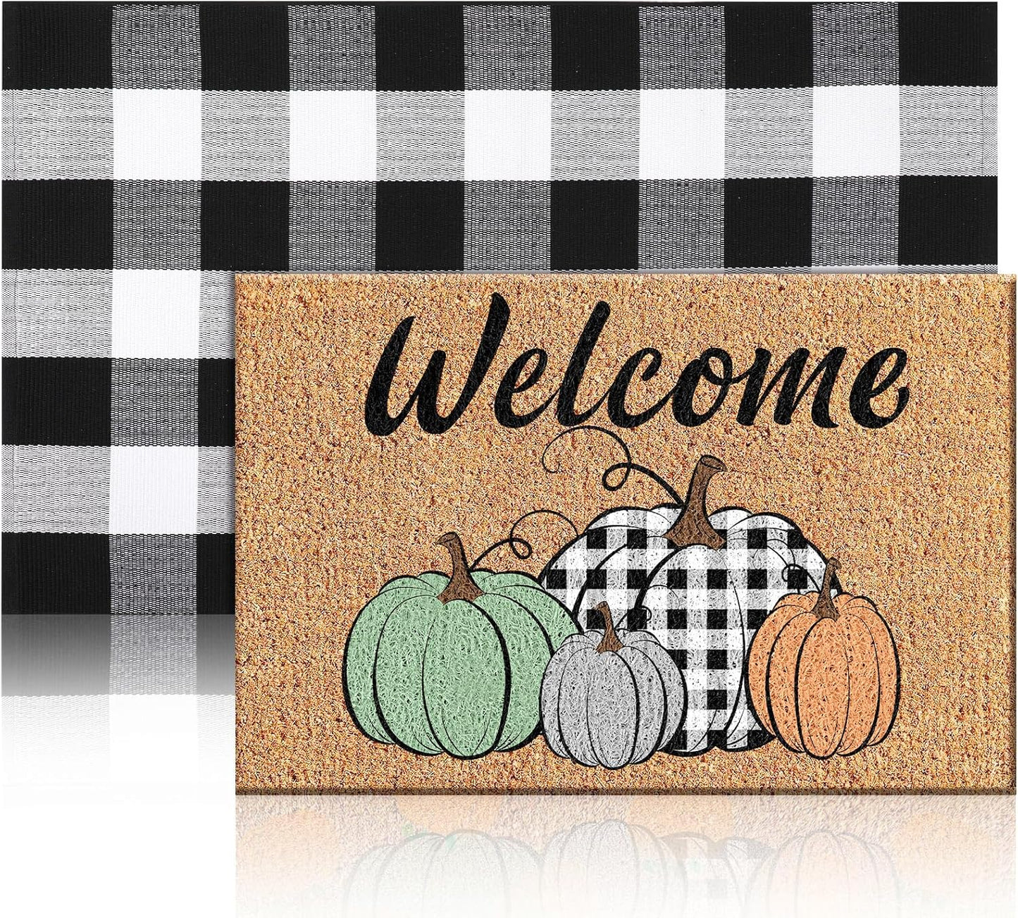 Moucuny Fall Doormat Set: Pumpkin & Buffalo Plaid Style