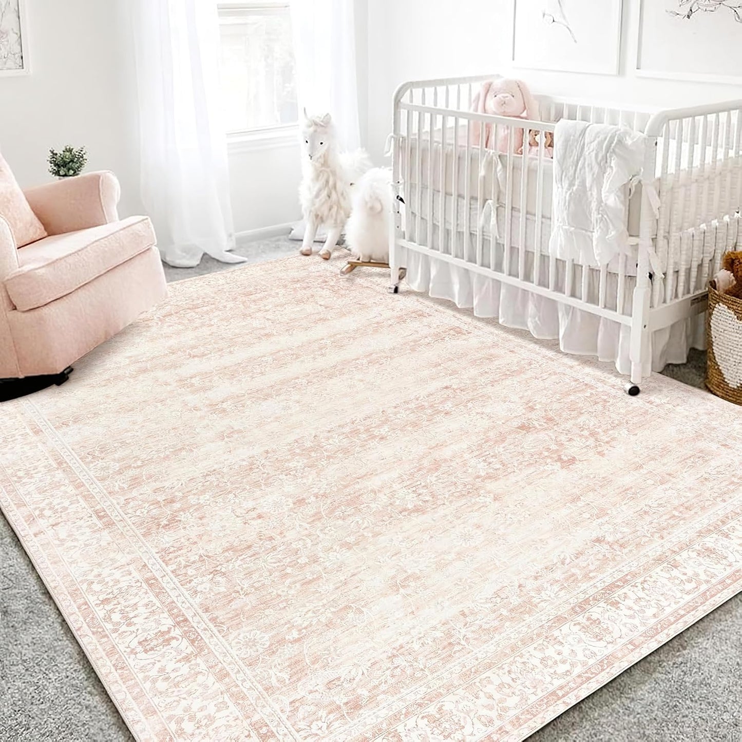 Nursery Rug for Baby Girl in Blush Pink Boho Floral Design