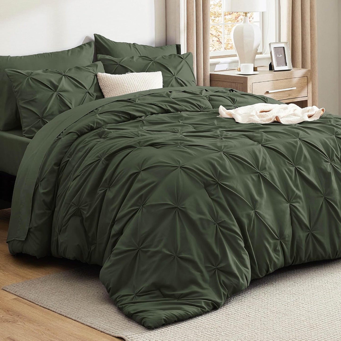 Bedsure Queen Comforter Set Olive Green - 7 Piece Bed in a Bag