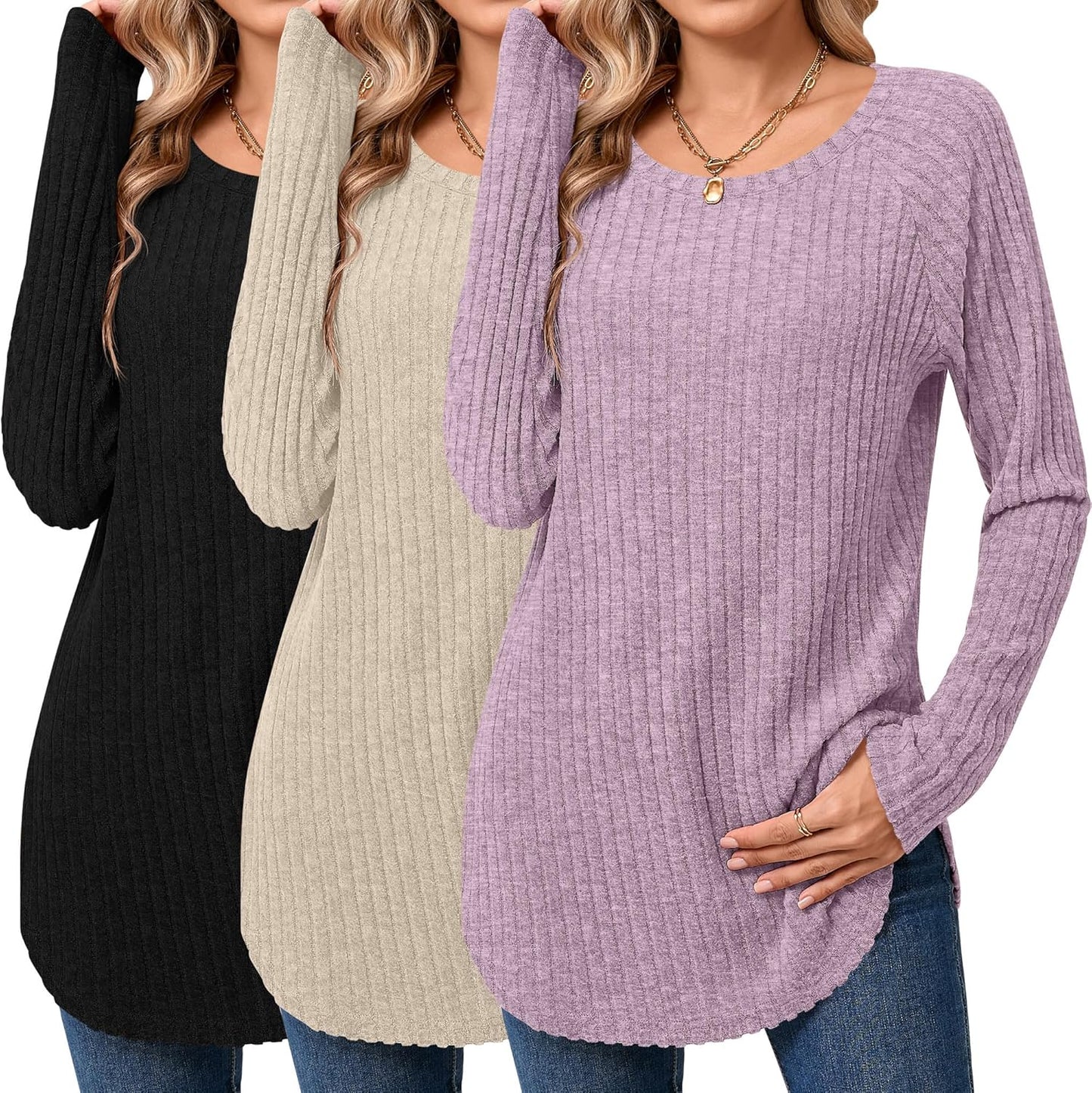 Ficerd Women's Curved Hem Long Sleeve Sweaters for Fall Style